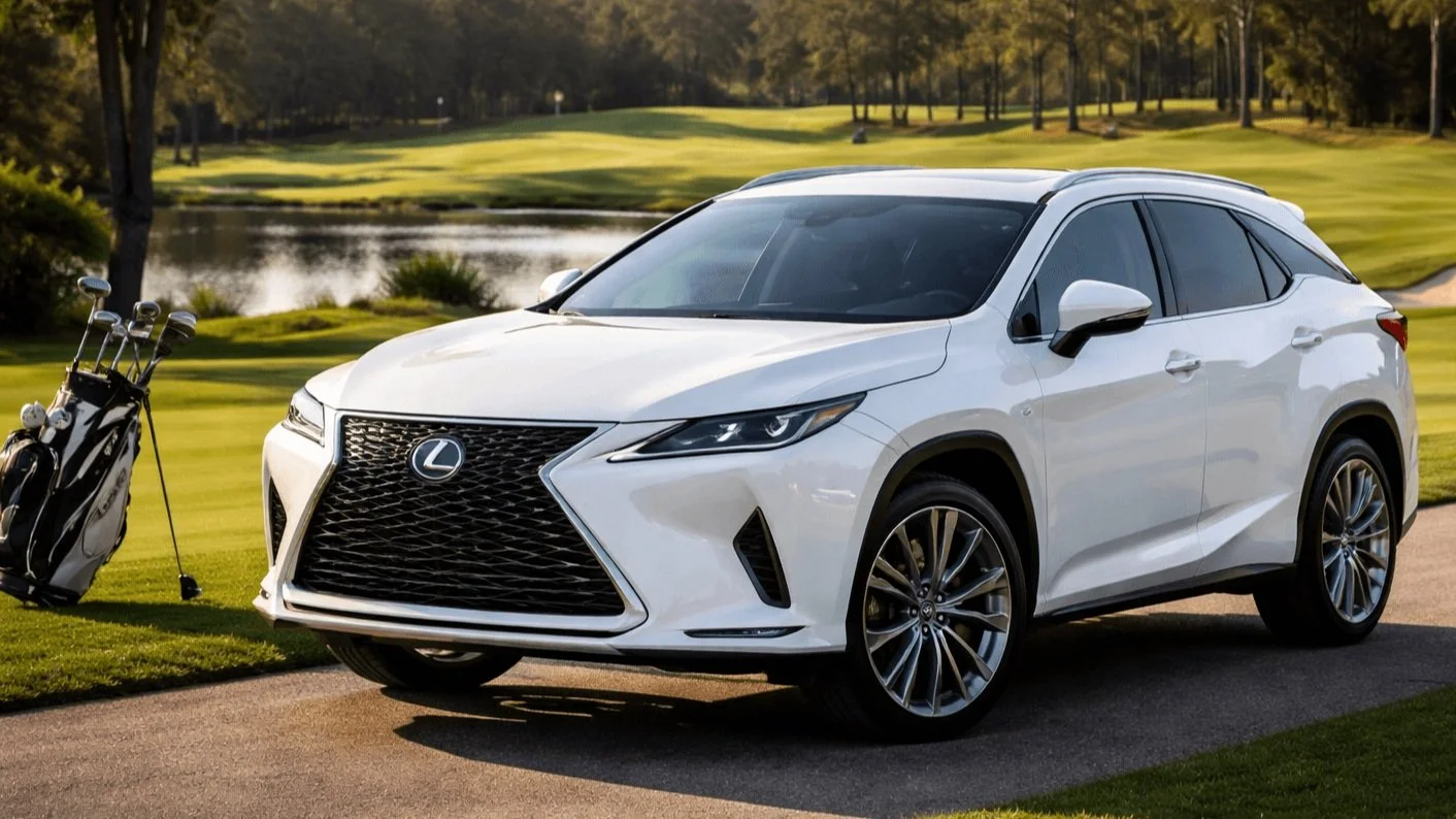 A white Lexus SUV parked on a golf course next to a golf bag and clubs.