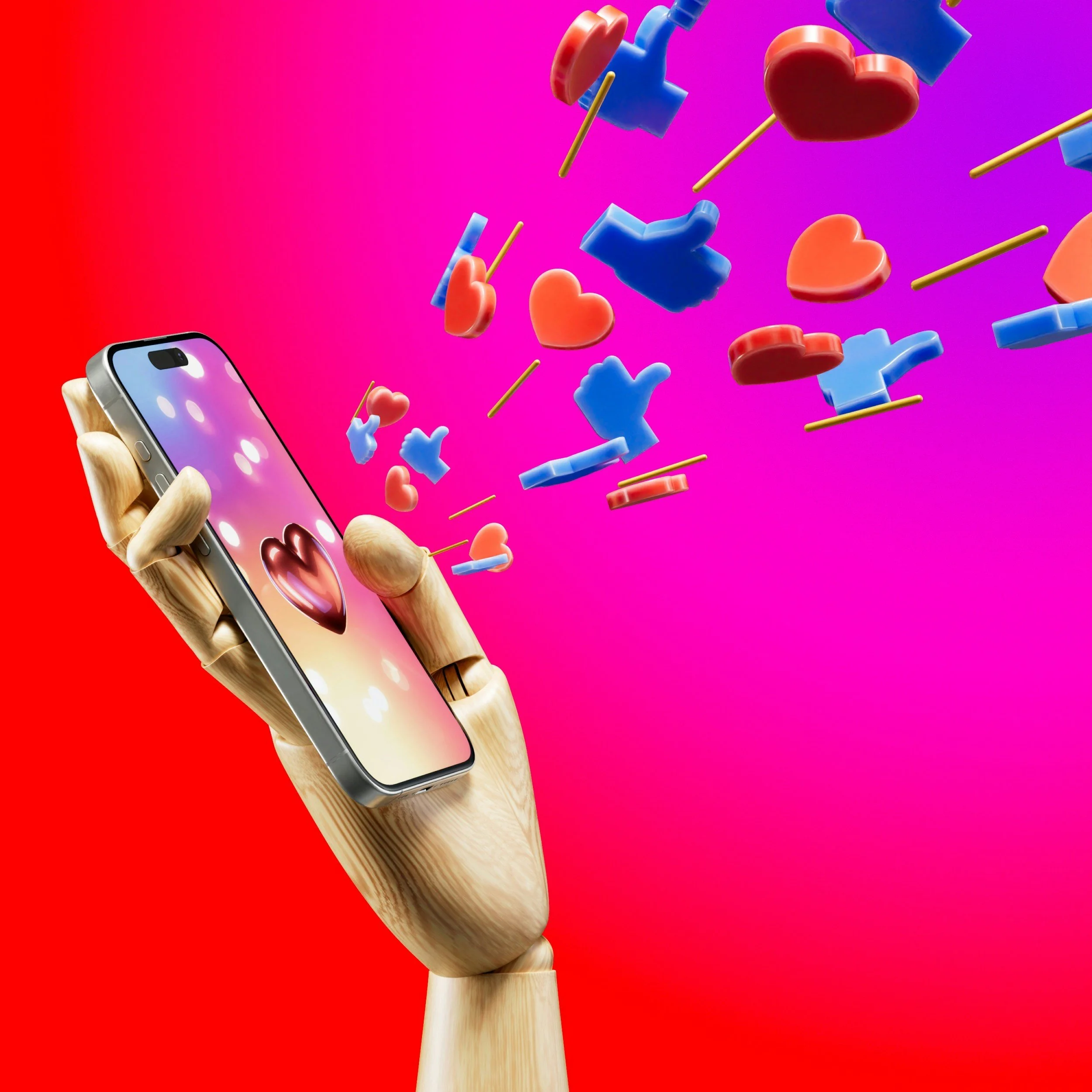 A smartphone with floating heart and thumbs-up icons symbolizing social media engagement, online validation; emotional impact.