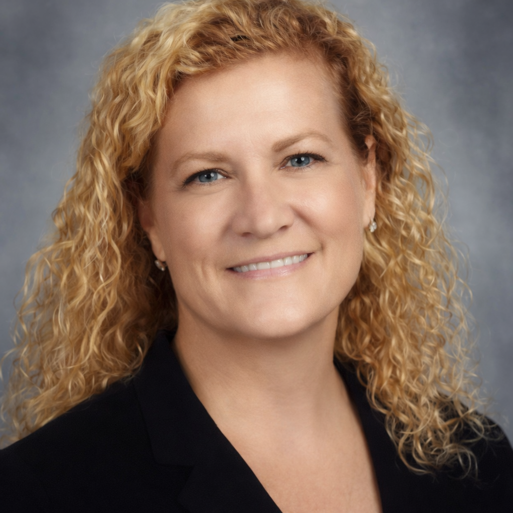 A woman with curly hair and an inviting smile.