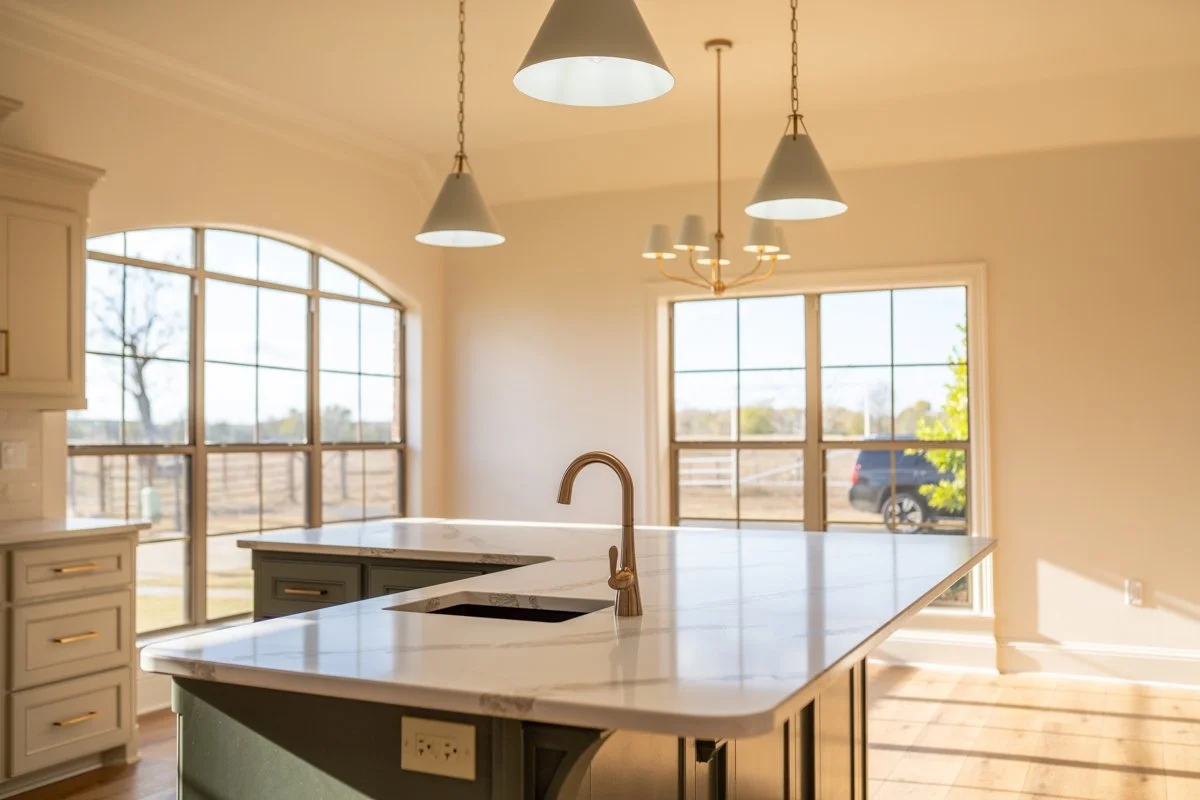 Bright kitchen with large arched windows, a marble countertop island with a sink and brass faucet, white cabinets with gold handles, and modern pendant lighting.