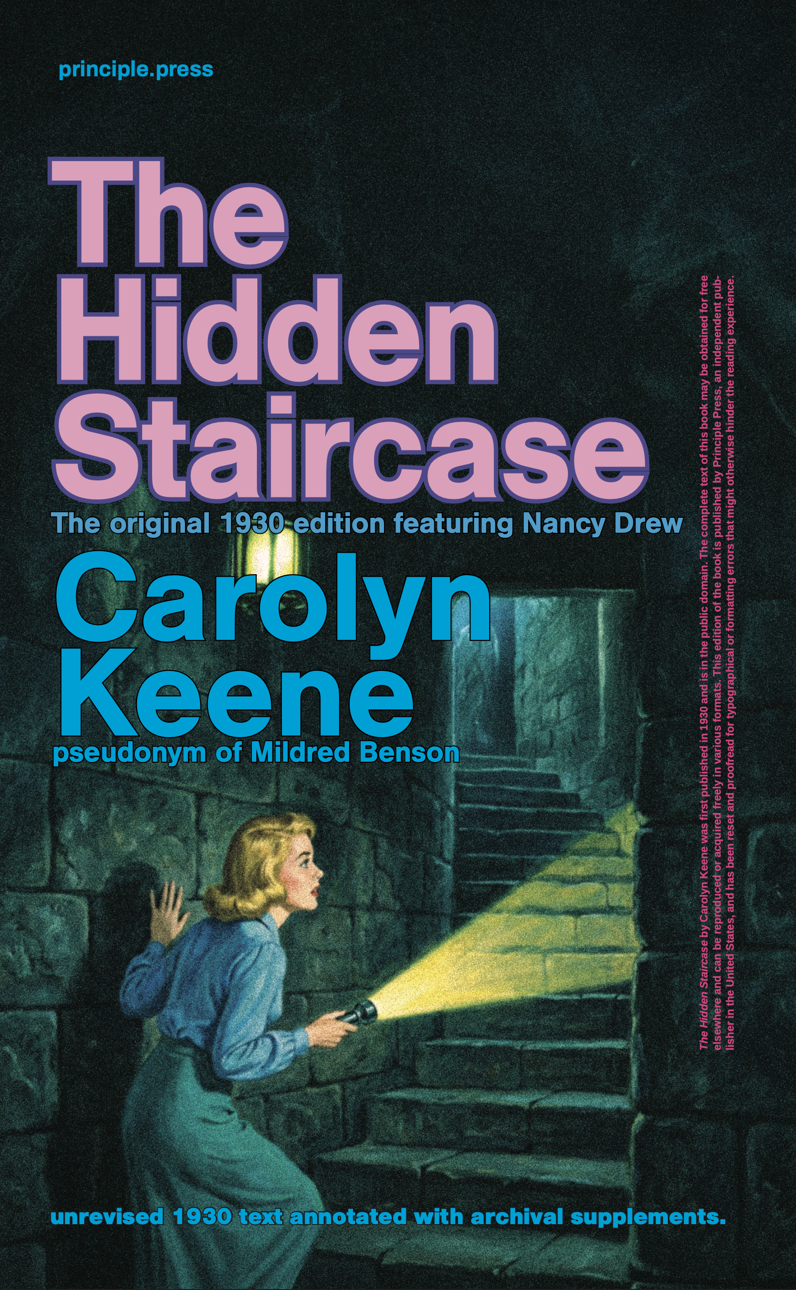 Book cover titled "The Hidden Staircase" featuring a woman with blonde hair holding a flashlight, examining a staircase in a dark, stone-walled setting. The cover highlights the author Carolyn Keene and mentions it as a 1930 edition with Nancy Drew.