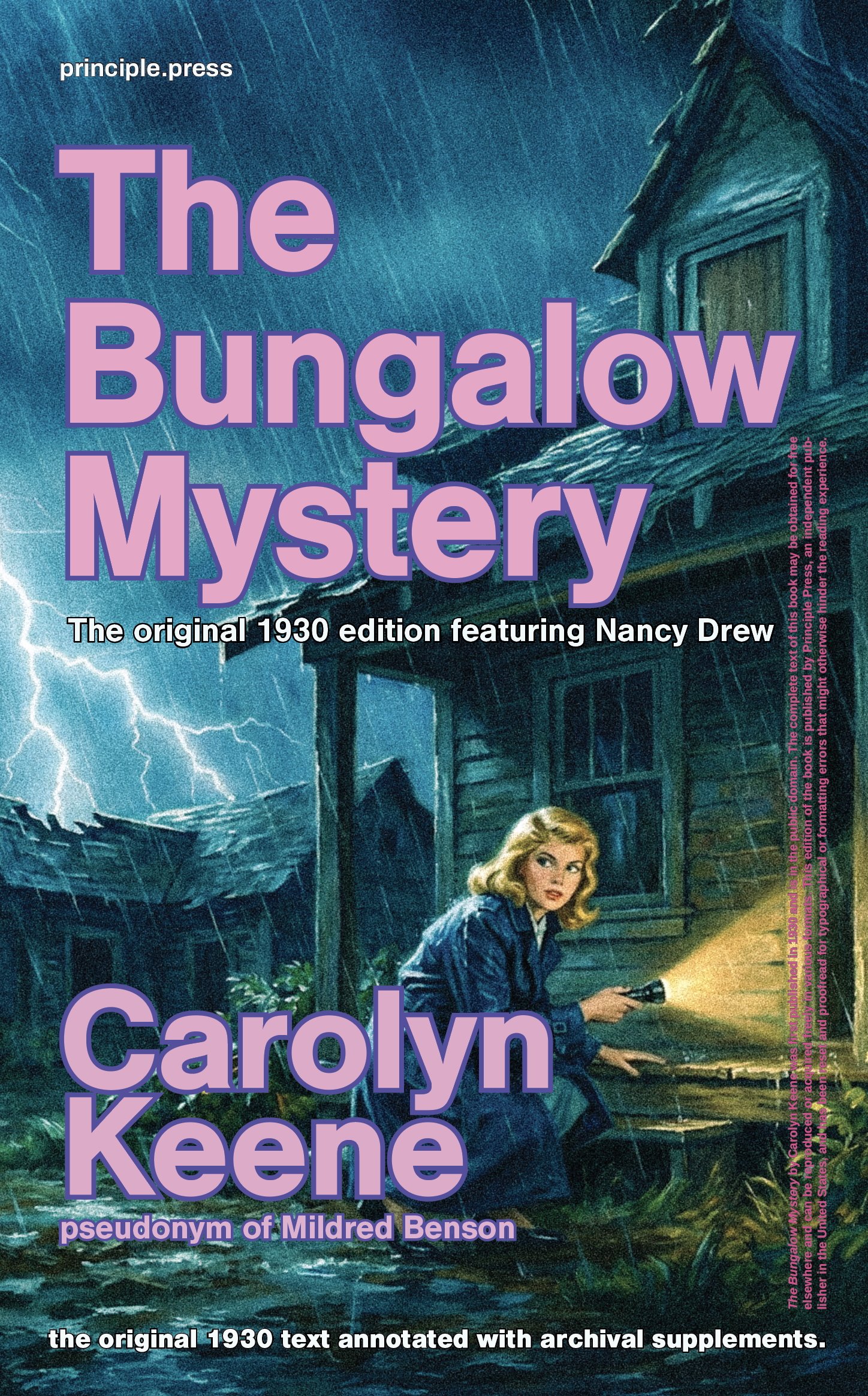 Book cover for 'The Bungalow Mystery' by Carolyn Keene, featuring Nancy Drew holding a flashlight outside a house during a storm with lightning, rain, and a dense forest background.