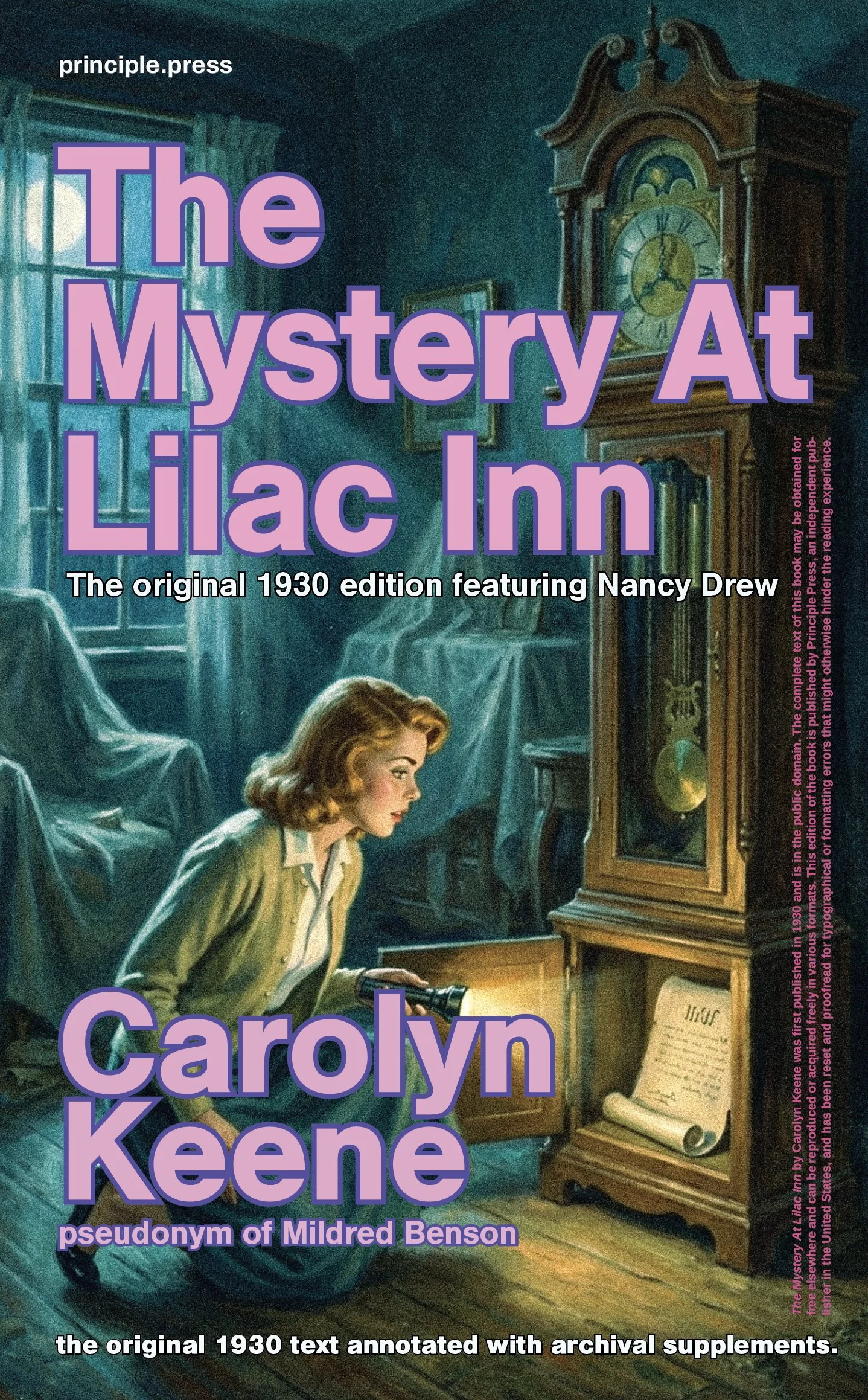 Book cover for 'The Mystery At Lilac Inn' by Carolyn Keene, featuring a young woman examining a book in a dimly lit room with a grandfather clock and a window showing moonlight.