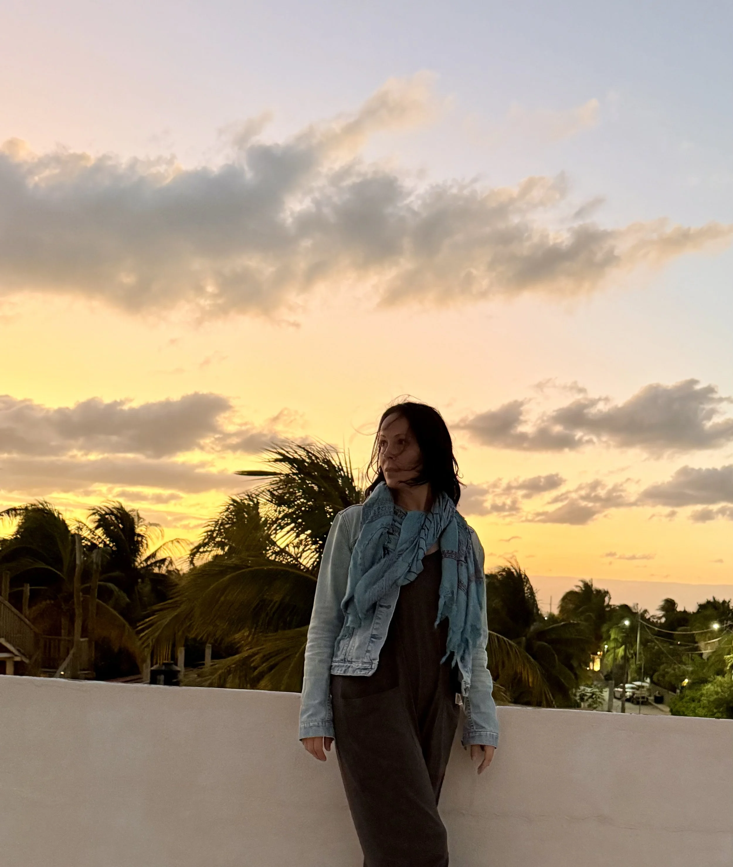 A woman standing outdoors on a rooftop or balcony during sunset, with palm trees and a partly cloudy sky in the background.