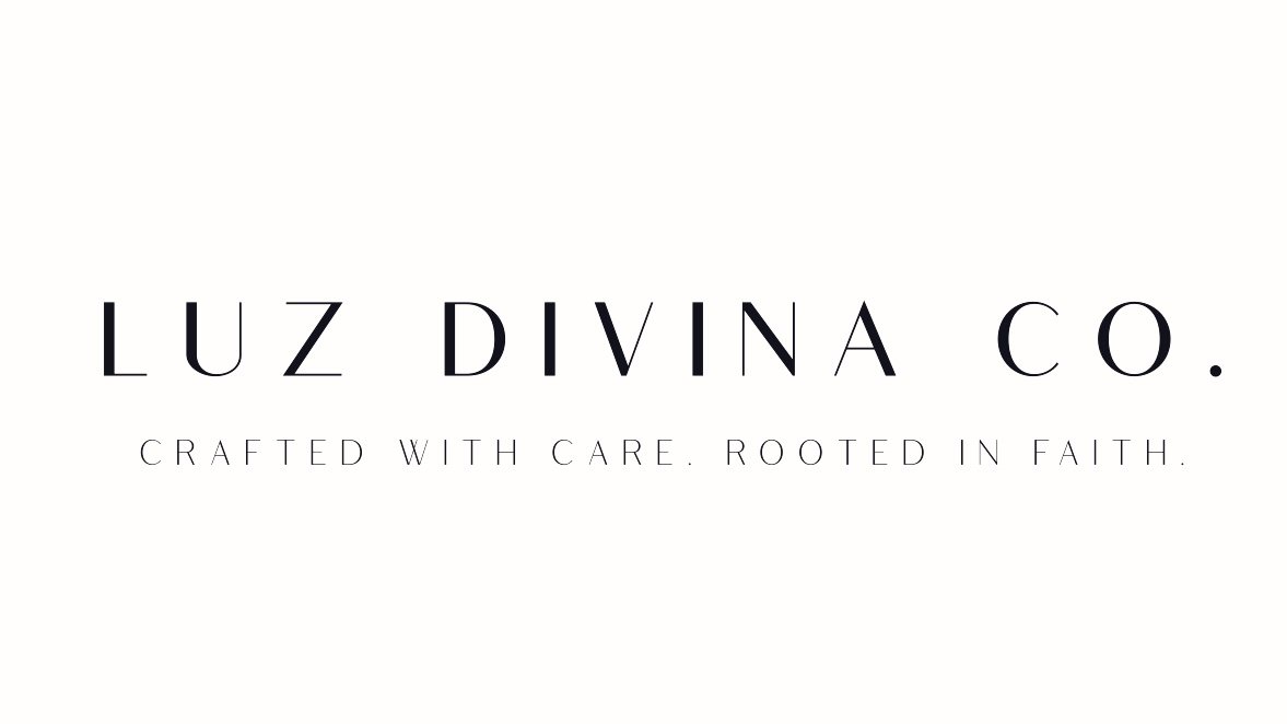 Logo for Luz Divina Co., featuring the company name and motto 'Crafted with care. Rooted in faith.' with a minimalistic black and white design.