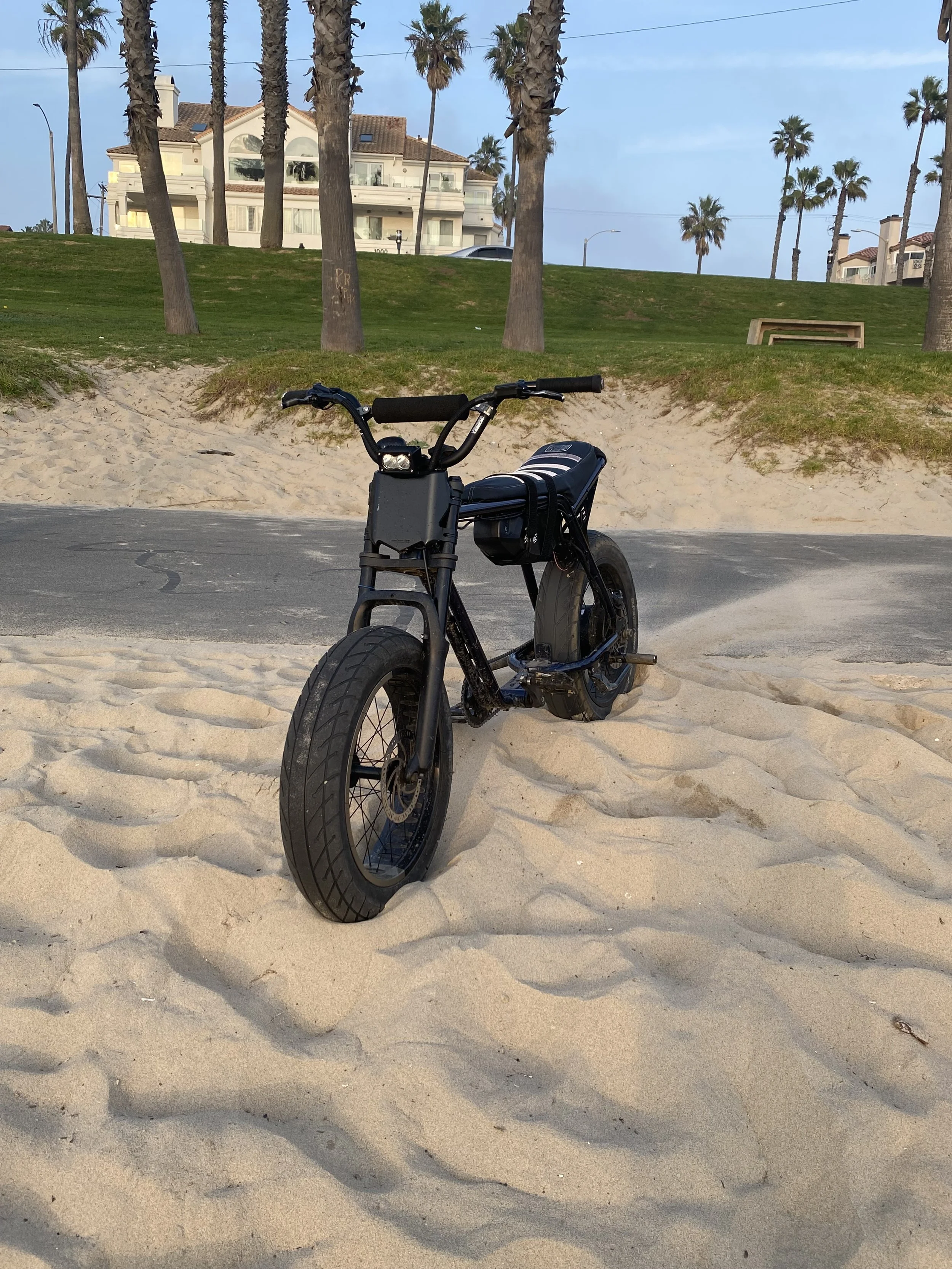Electric bike parked on sandy beach with grassy area and tall palm trees behind it.