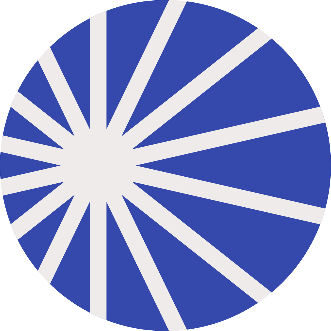 A circular graphic featuring blue and white radiating lines resembling a sunburst or starburst pattern.