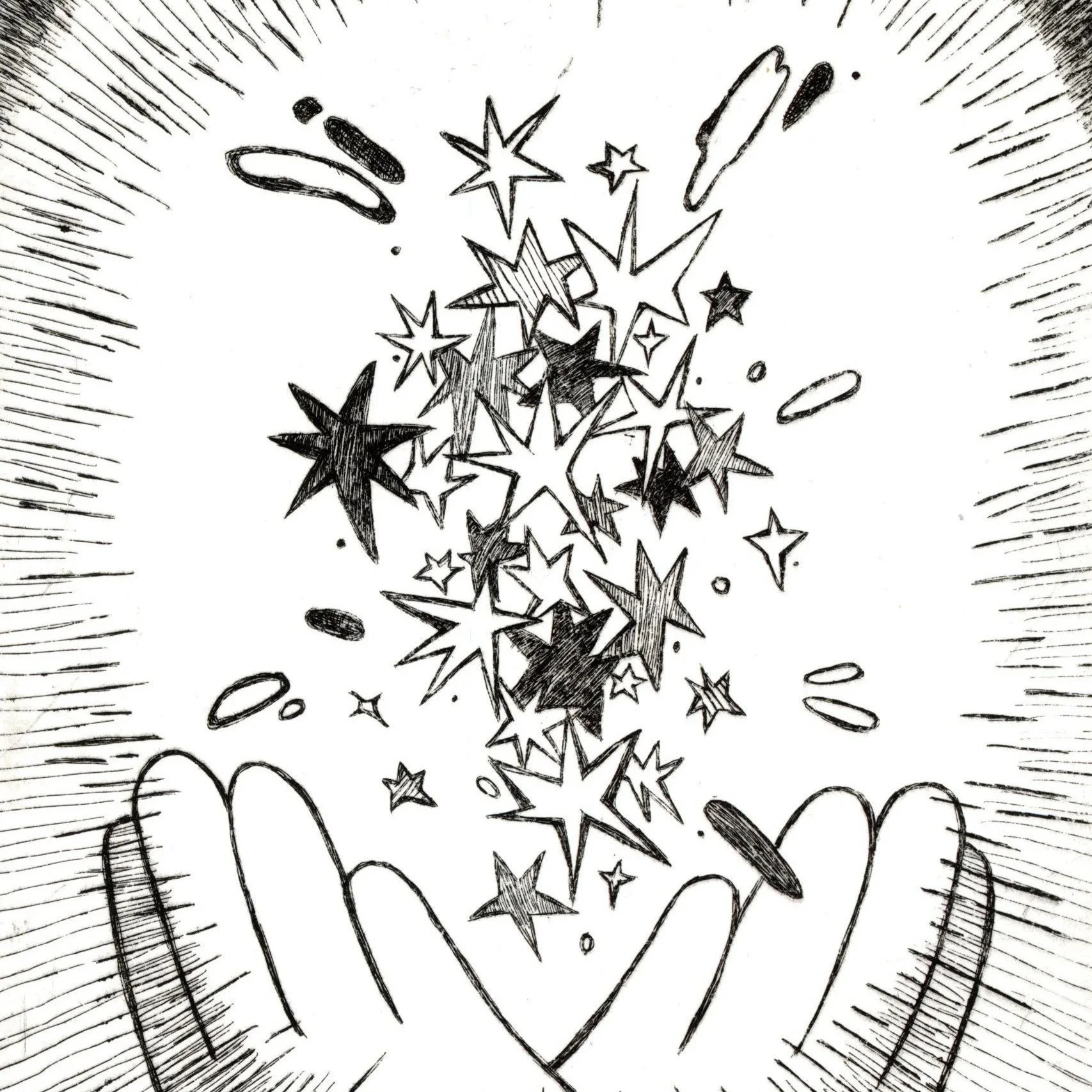 A pair of hands gently cupping a handful of stars and sparkles, with lines radiating outward from the edges.