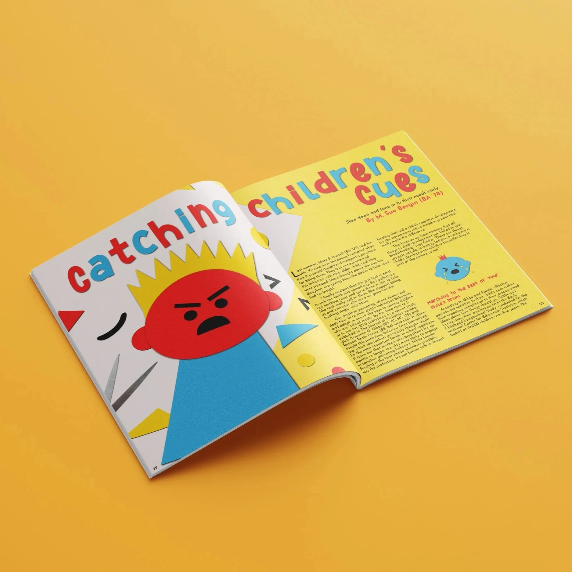 Open colorful children's magazine on a yellow background. The left page features a cartoon character with a red face, yellow crown, and angry expression, accompanied by bold text reading 'catching children’s cues'. The right page contains yellow, blue, and red text with a small cartoon face at the top and additional content related to children’s cues.