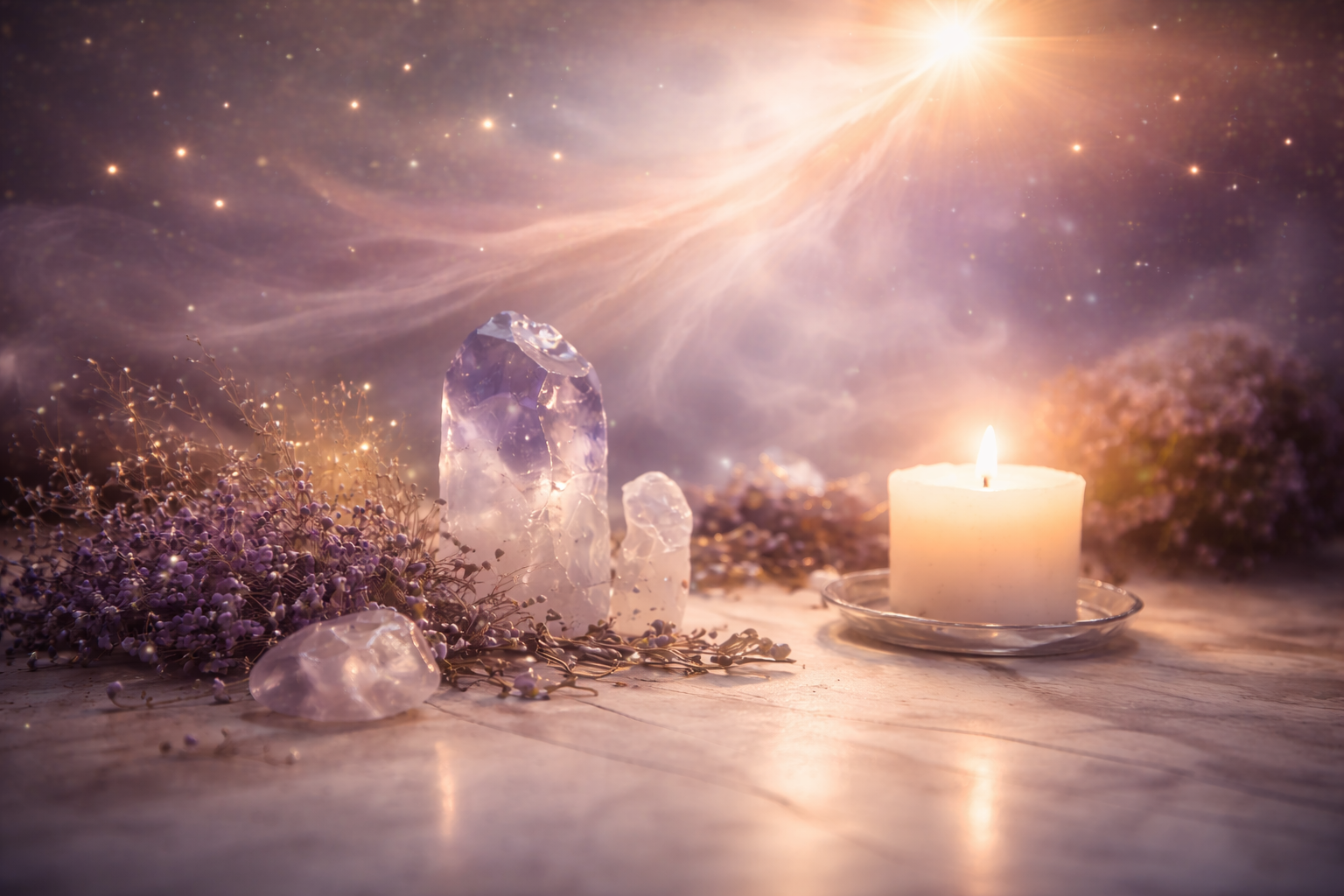 Spiritual candle and crystals used in ORAMA intuitive guidance and tarot reading sessions, creating a peaceful and grounding atmosphere.