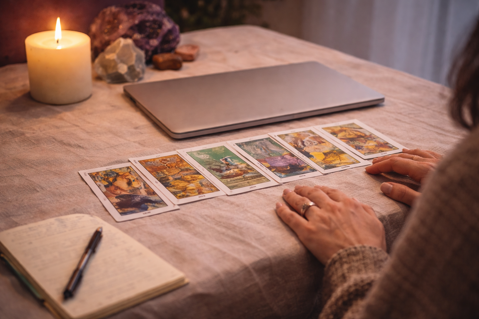 Online tarot reading session by ORAMA showing hands, tarot cards, crystals, and a closed laptop, representing intuitive guidance offered via video call.