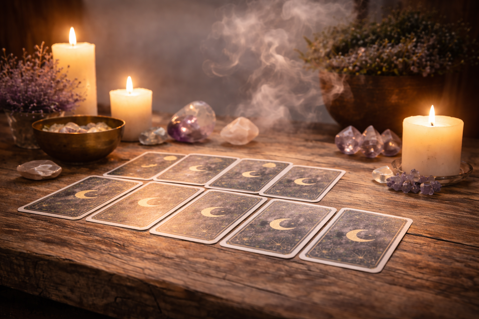 Tarot reading setup by ORAMA featuring tarot cards, candles, crystals, and flowers on a wooden table, creating a calm and spiritual atmosphere for intuitive guidance.