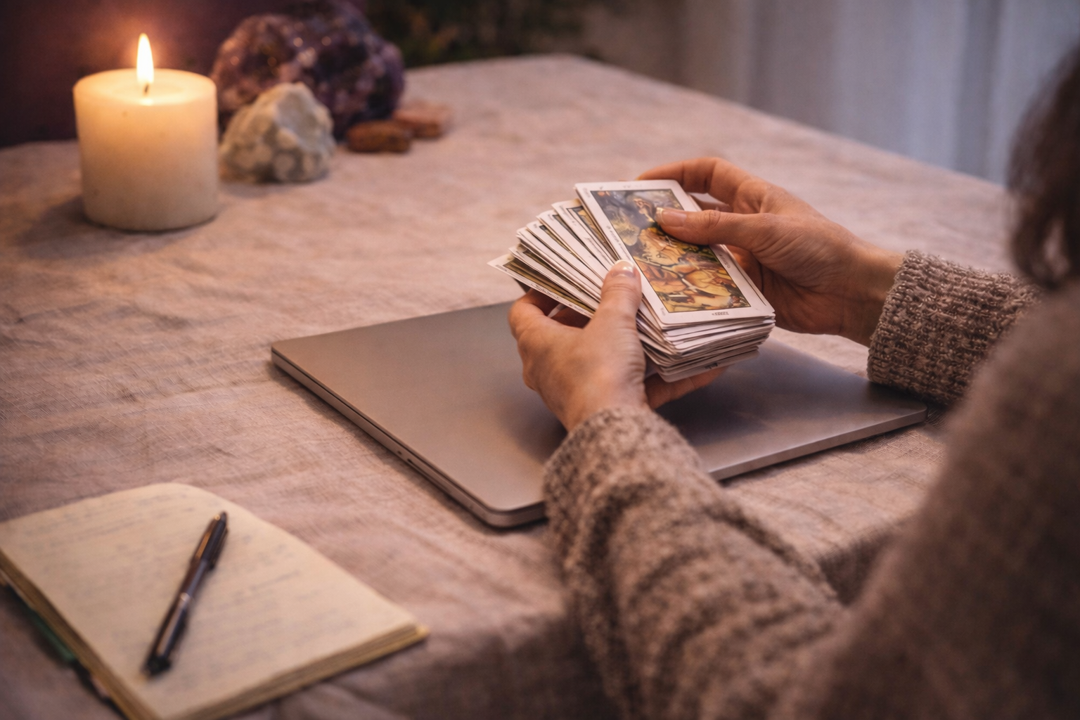 Tarot cards being shuffled during an intuitive tarot reading session by ORAMA, symbolizing clarity, guidance, and spiritual insight.