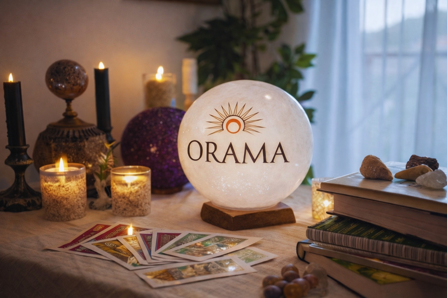 Spiritual tarot reading space at ORAMA with crystals, candles, tarot cards, and a crystal ball, designed for online intuitive and psychic sessions.