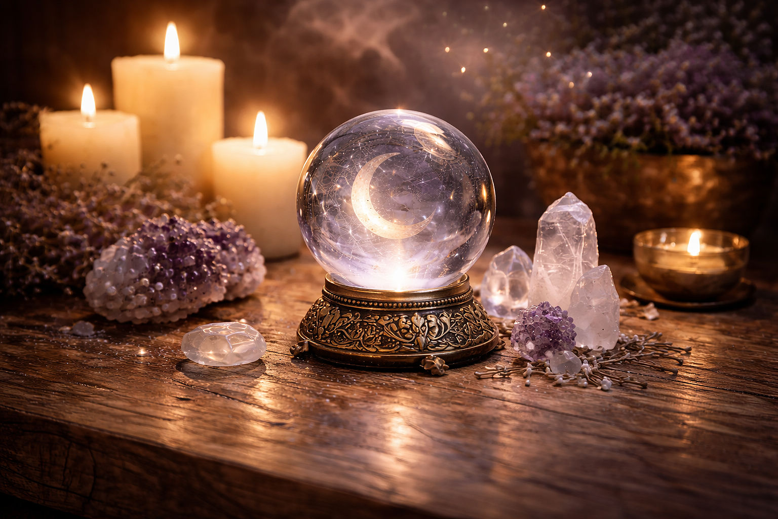 Crystal ball with crescent moon and candles, symbolizing intuitive guidance, spiritual clarity, and tarot insight by ORAMA.