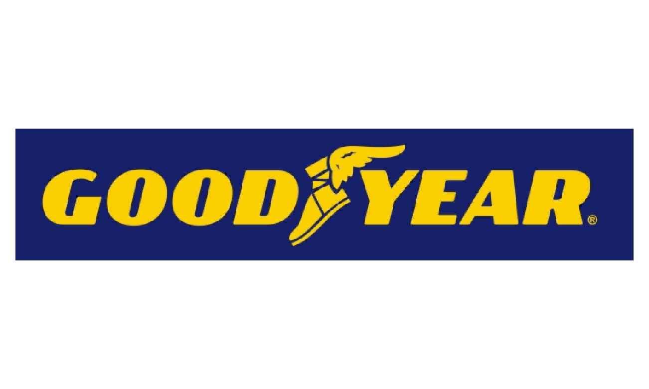 Goodyear logo with yellow text and winged foot symbol on a blue background.