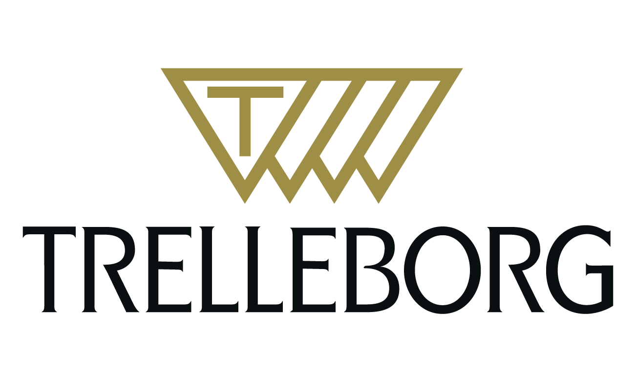 Logo with stylized gold and black triangle and the word TRELLEBORG below in bold black font.