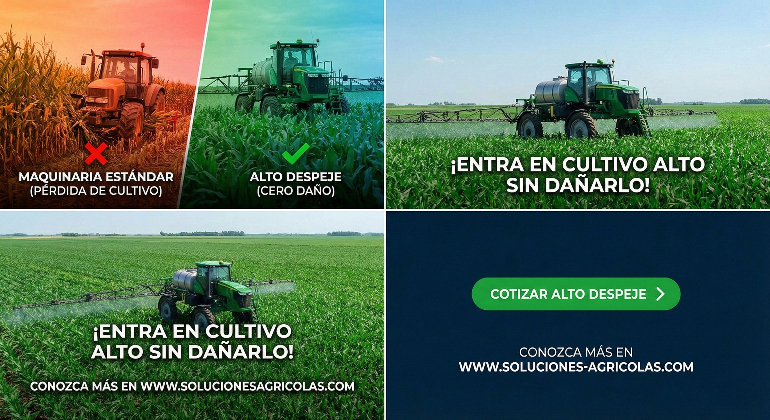 Image comparing standard farming machinery, which causes crop loss, with high-clearance machinery that prevents damage. The top left section shows a tractor with an orange overlay and text about crop loss; the top middle shows a green high-clearance tractor with the text about zero damage; the top right and bottom left show high-clearance machinery in green fields with promotional messages; the bottom right has a call-to-action button and website link on a blue background.