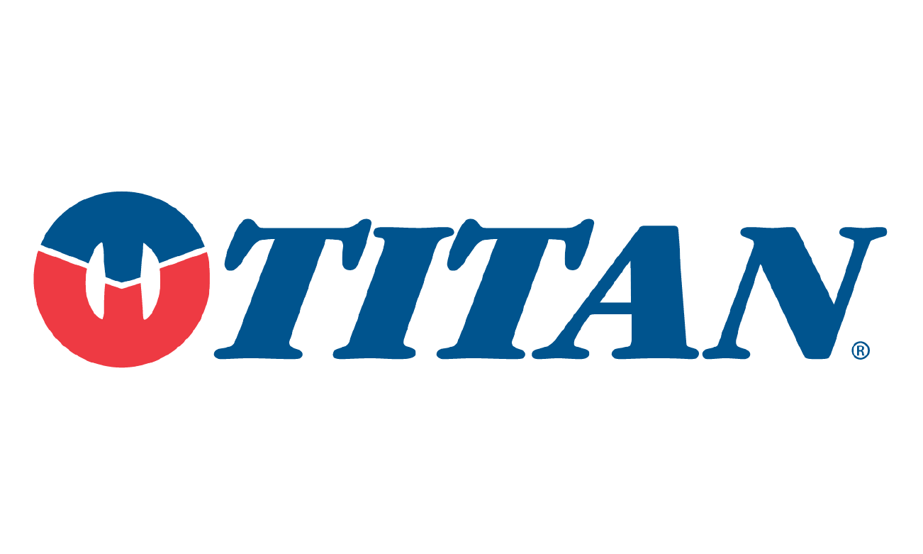 Logo of Titan with a navy blue and red circular emblem to the left of the word 'TITAN' in blue uppercase letters.