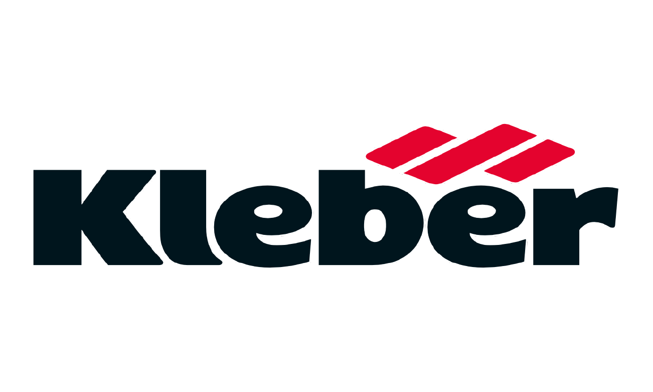 Kleber logo with black background and stylized red and white stripes above the word 'Kleber' in bold black letters.