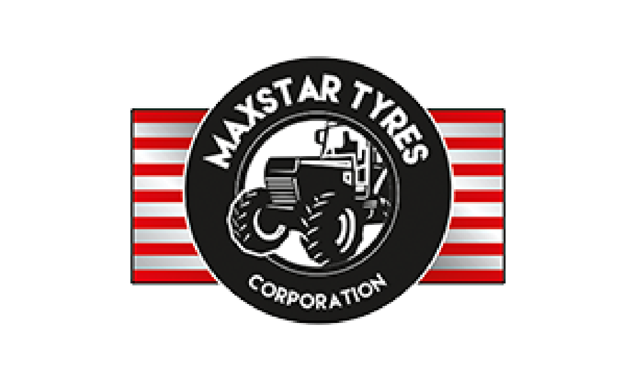Logo of MaxStar Tires Corporation featuring a tractor illustration surrounded by a circular black border with white text, with red and white striped background.
