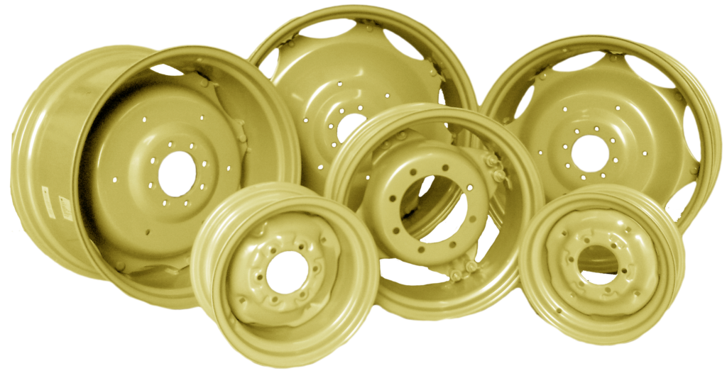 Multiple yellow vehicle rims and wheels stacked together.