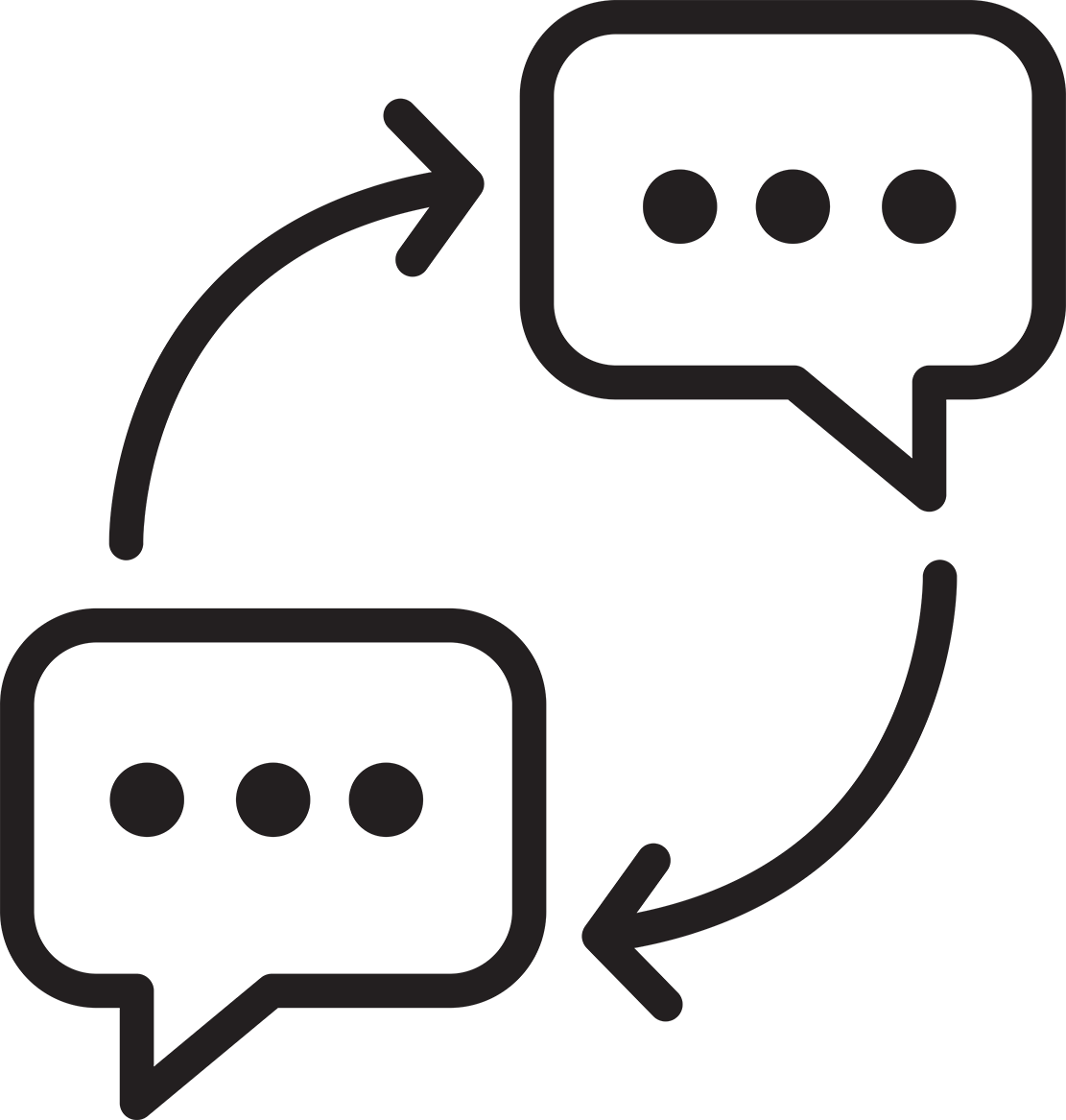 Icon of two speech bubbles with dots, connected by arrows indicating conversation or communication exchange