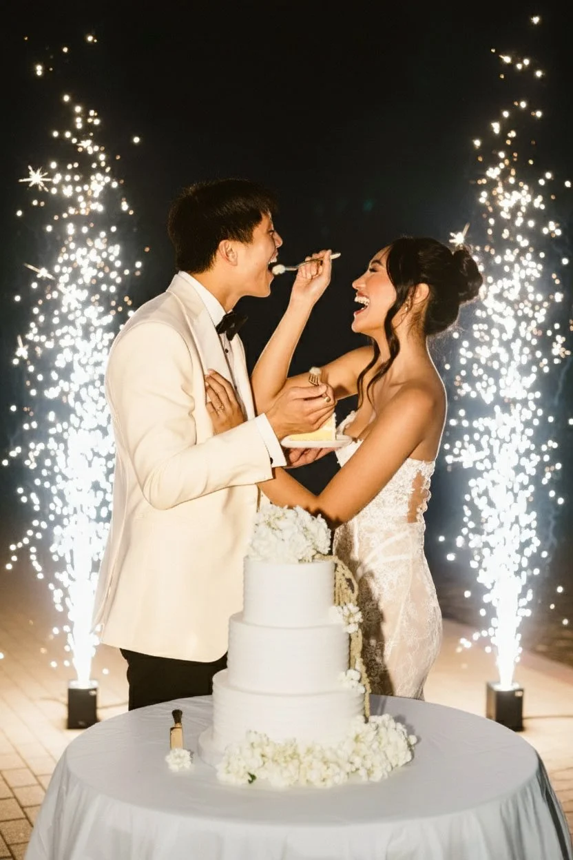 A bride and groom in wedding attire sharing a cake-cutting moment with sparklers in the background.