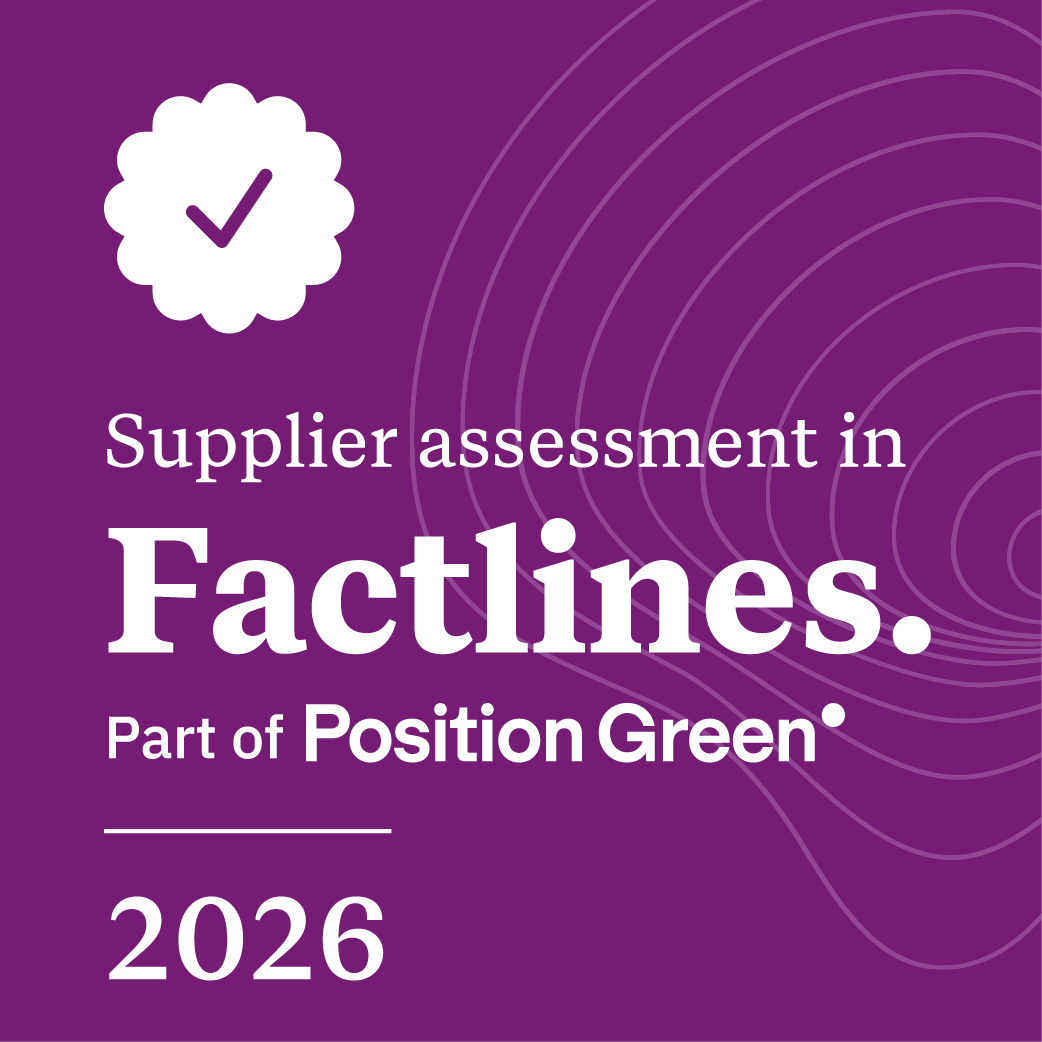 Purple cover page for a report titled 'Supplier assessment in Factlines. Part of Position Green, 2026' with a white checkmark icon in a cloud shape at the top left.