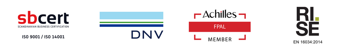 Collection of certification logos including sb cert, DNV, Achilles FPAL, and RISE.