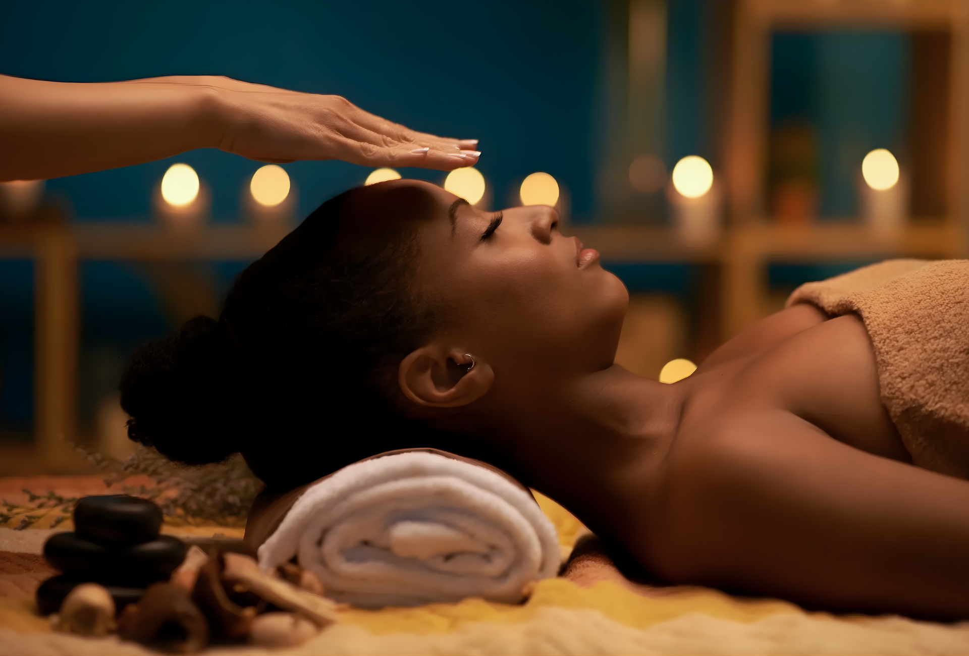 Woman receiving a massage at a spa, lying on a towel with stones nearby, relaxed in a dimly lit room with candles in the background.