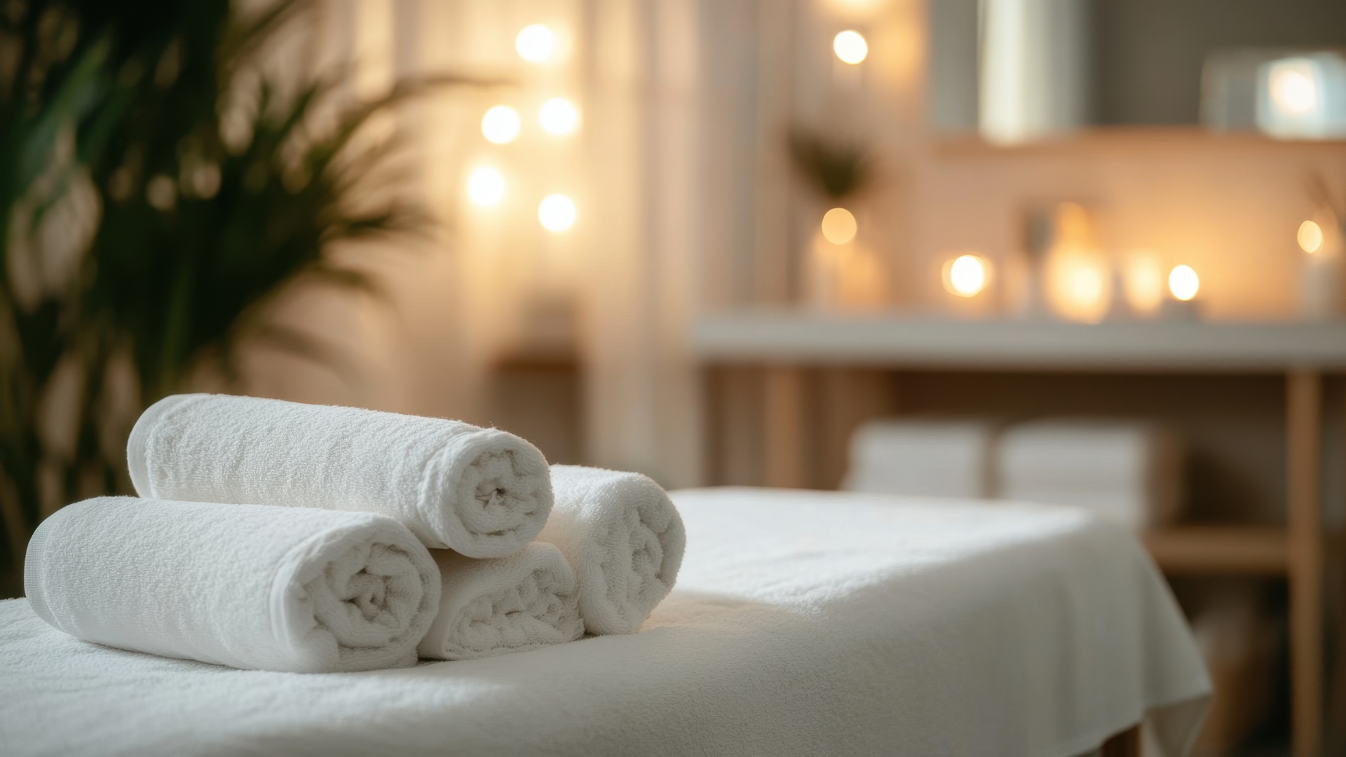 Four rolled white towels placed on a massage or spa table in a relaxing room with warm lighting and blurred candles in the background.