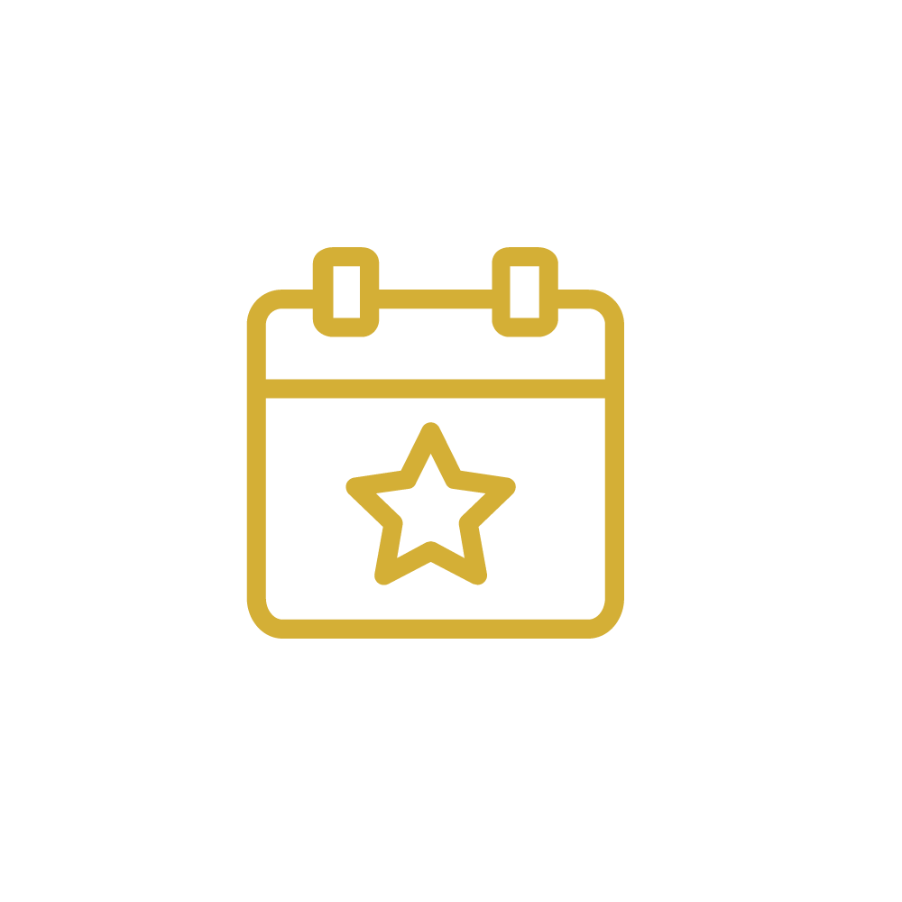Gold outline of a calendar with a star on it, on a black background.