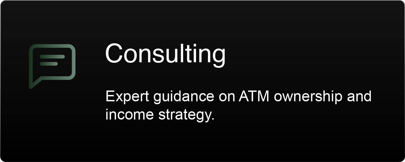 A digital graphic design showing the word "Consulting" with a speech bubble icon, and the text "Expert guidance on ATM ownership and income strategy."