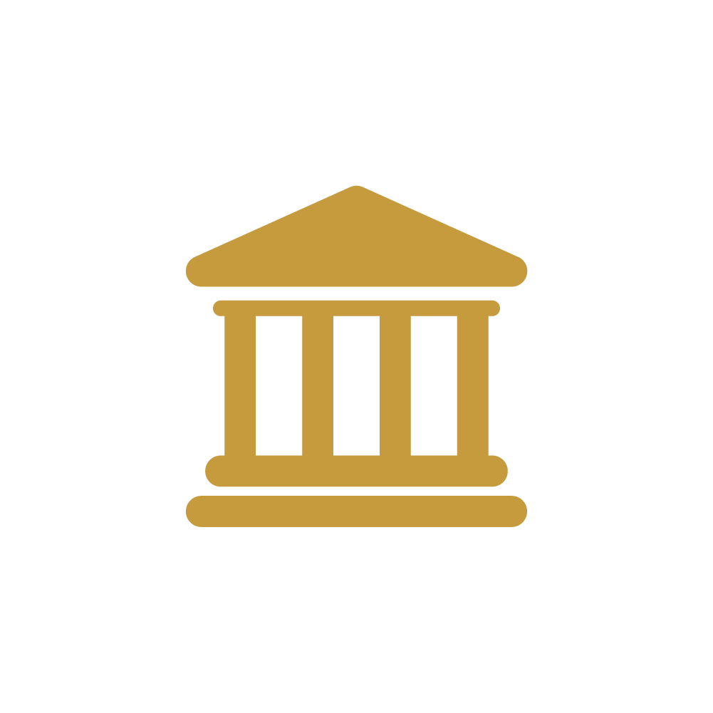 Icon of a classical temple or courthouse with a triangular roof and columns, in gold color.