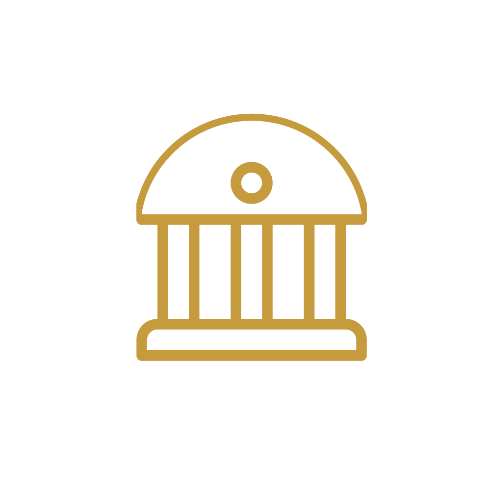 Outline of a jail cell with bars on a black background, illustrated in gold color.