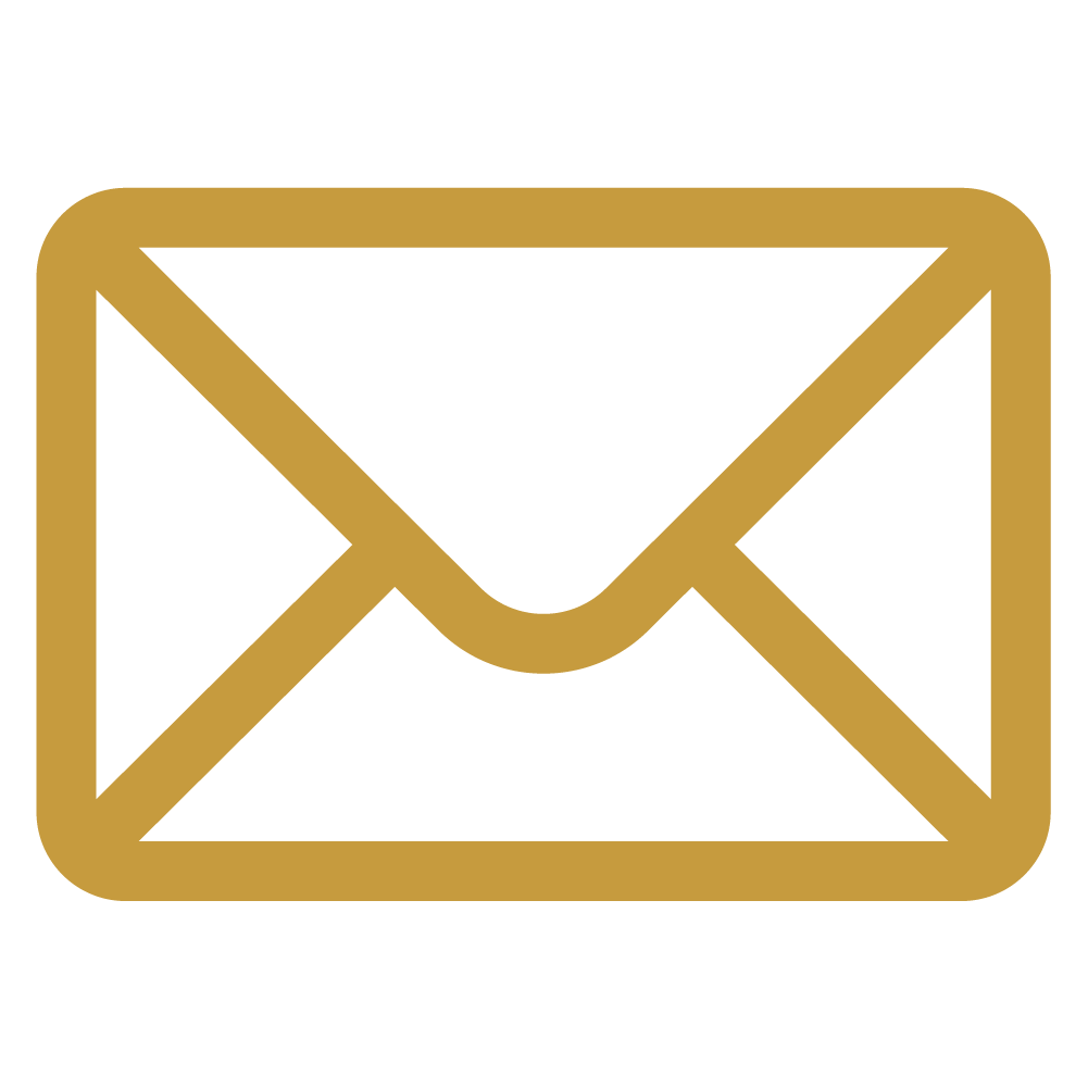Gold outline envelope icon on a black background