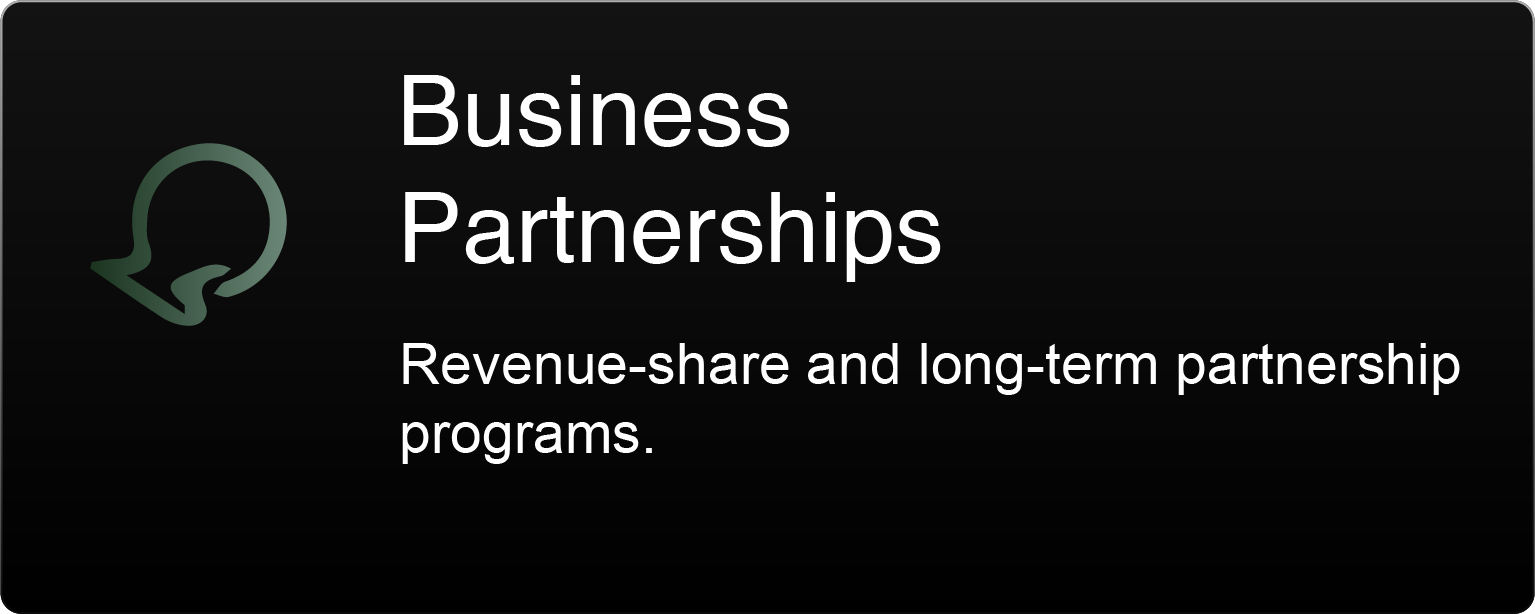 Black presentation slide with white text that reads 'Business Partnerships' and 'Revenue-share and long-term partnership programs', with a green speech bubble icon on the left.