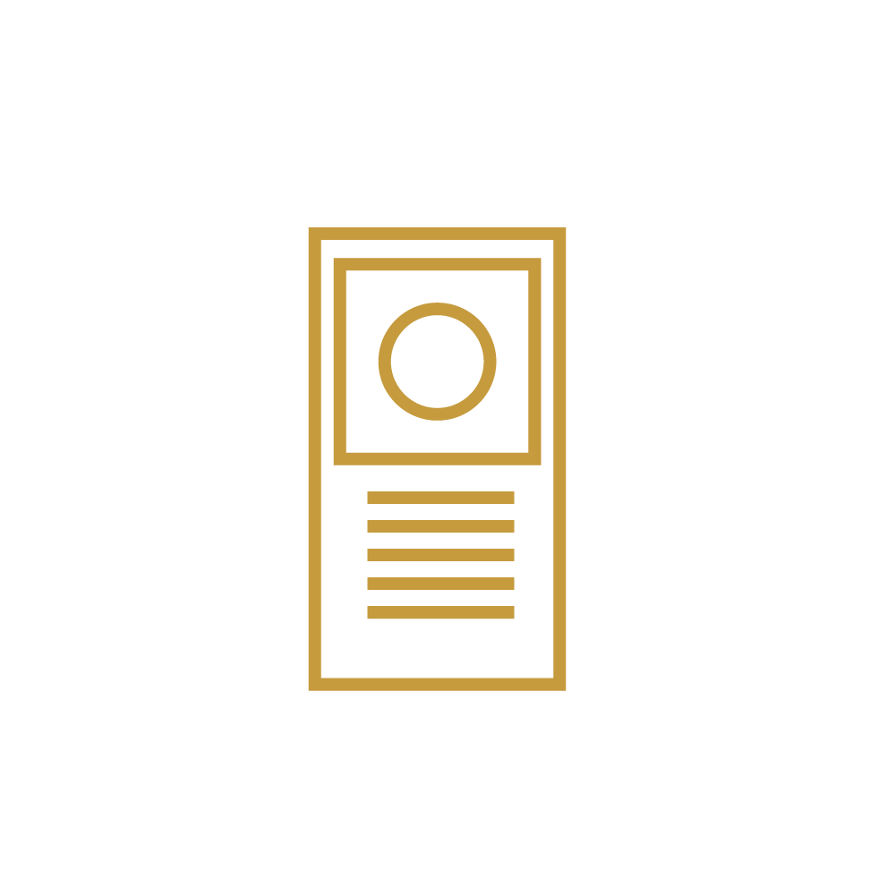 Minimalist illustration of a vintage-style microphone with a circular element and horizontal lines below, in gold on a black background.