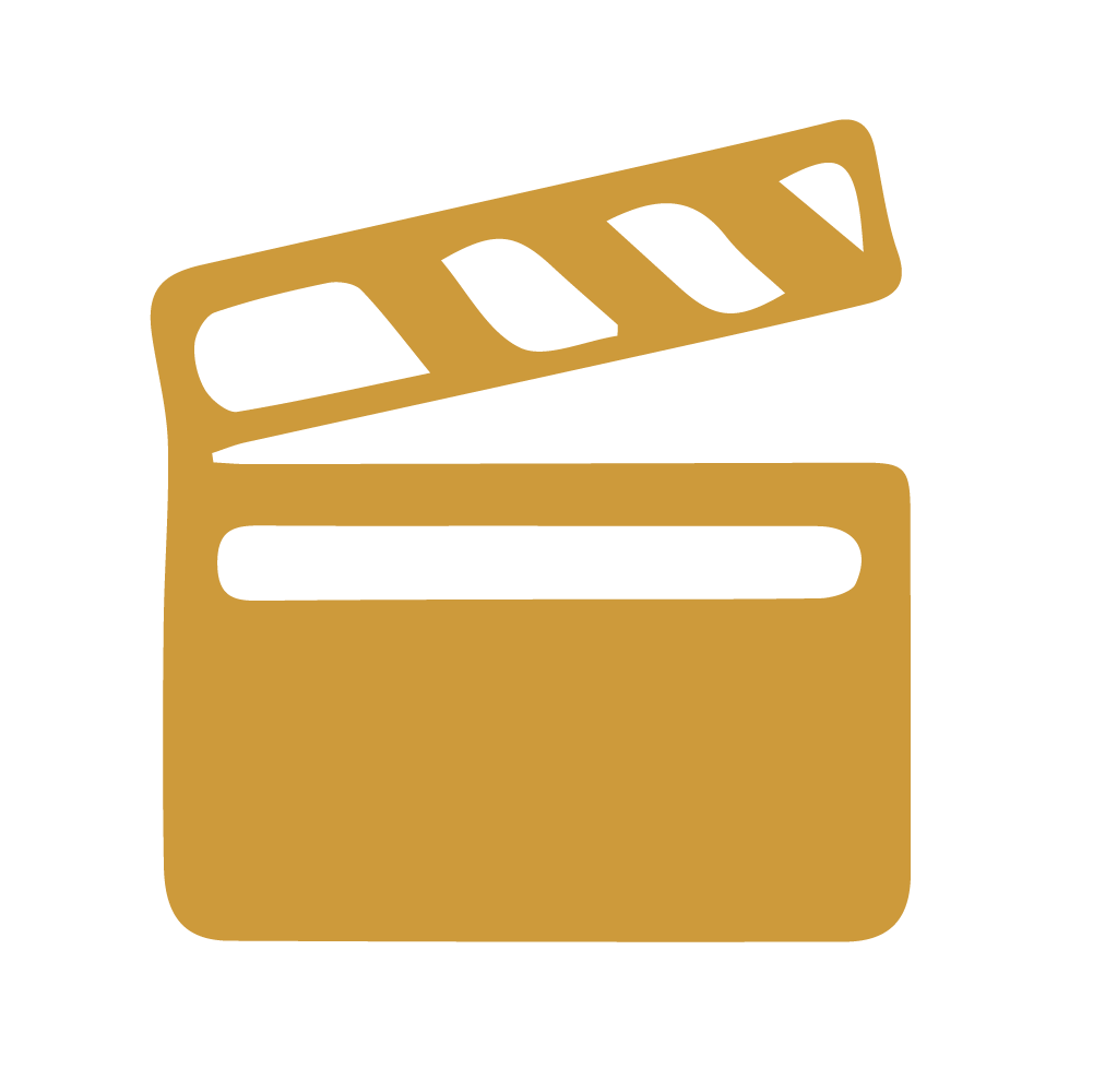 Gold film clapperboard icon on black background