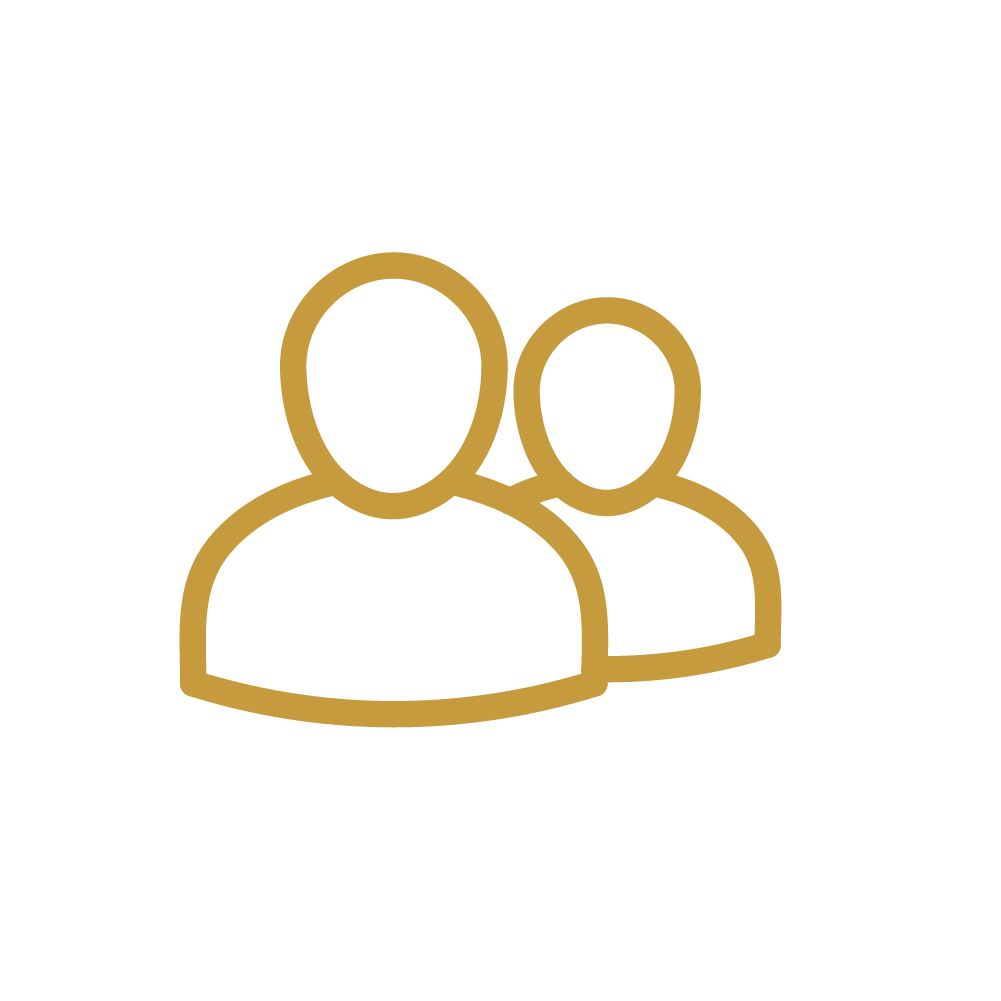 Icon of two people outlined in gold on a black background.