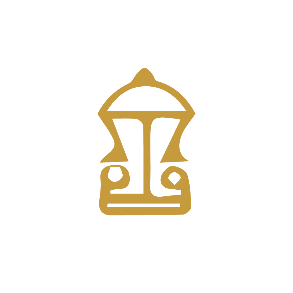 A gold line drawing of a stylized face on a white background.