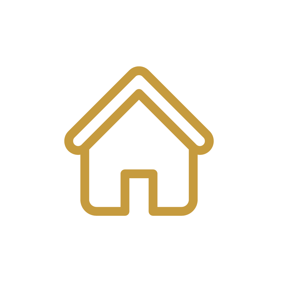 Outline of a house with a sloped roof in gold on a black background.