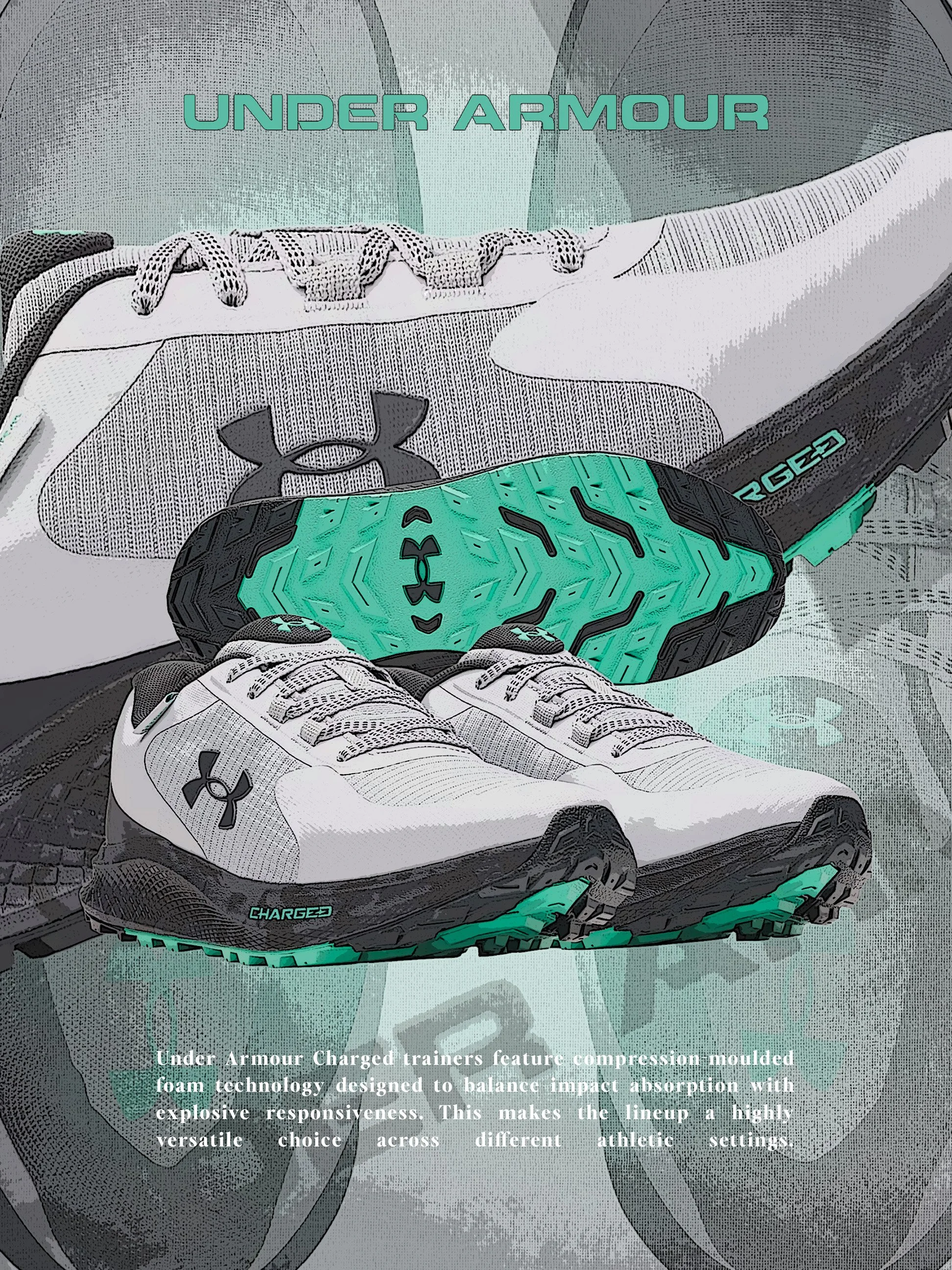 Close-up view of a pair of white Under Armour sports shoes with black and teal accents, displaying the outsole design with teal-colored sole grips. The background features a faded Under Armour logo and a printed description about the shoe's compressi