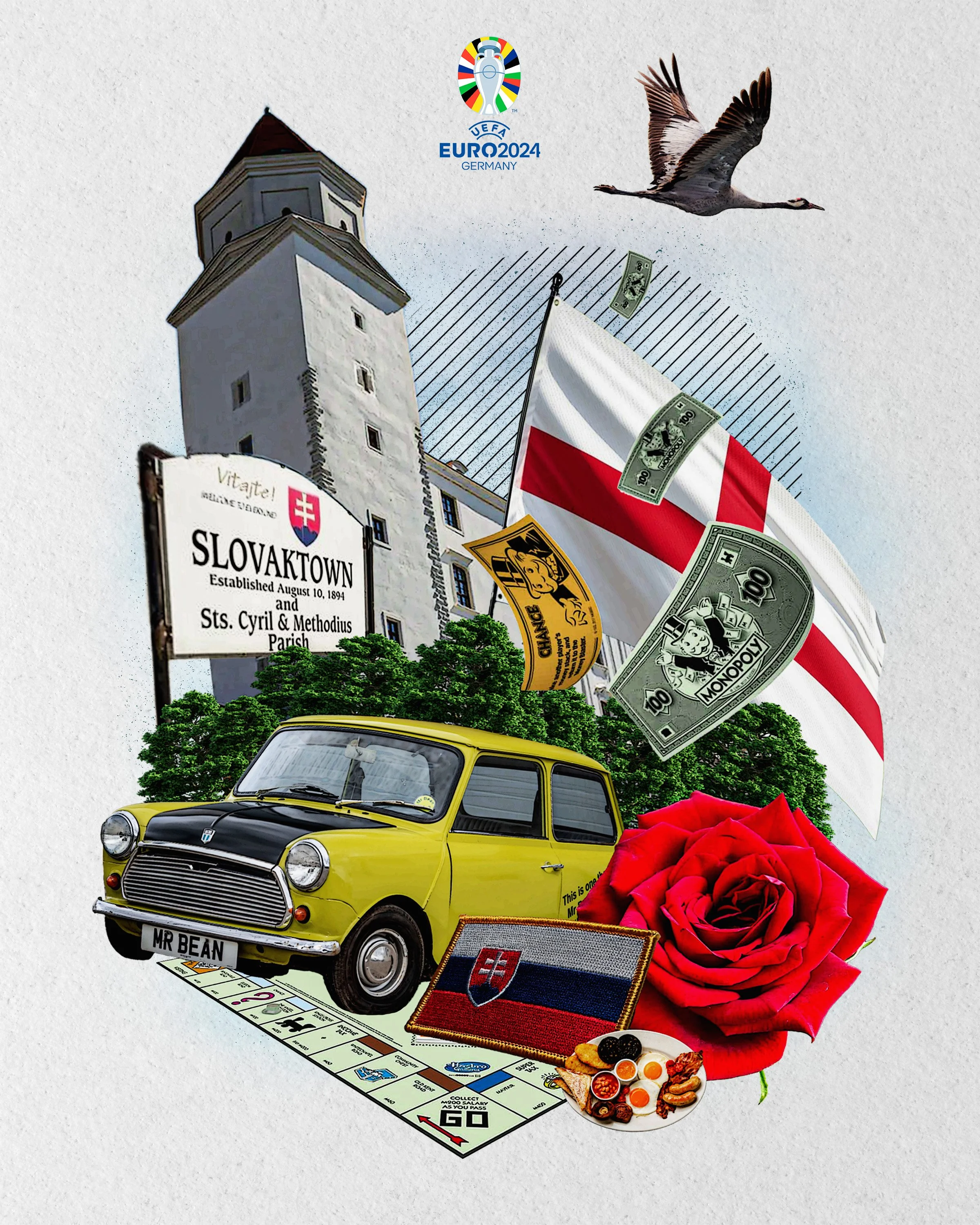 Collage featuring a Slovakian town sign, a yellow vintage car, Monopoly money, a Slovak flag, a red rose, a village tower, a flying goose, a Monopoly game token, a small Slovak flag patch, and food items.