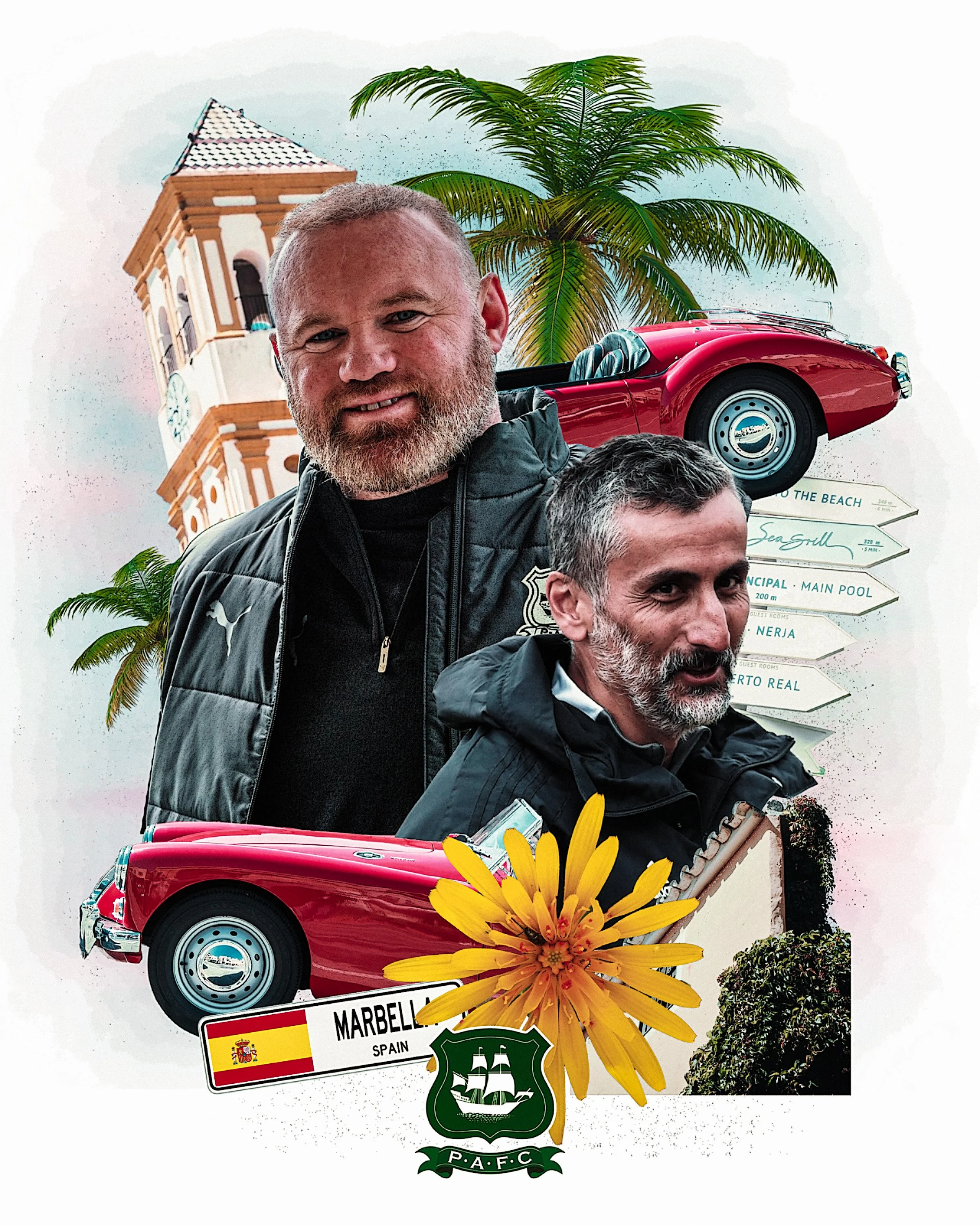 Collage featuring two men in jackets, a red vintage convertible car, a palm tree, a tower, directional signs, a yellow flower, a marbella Spain sign, and a football club badge.