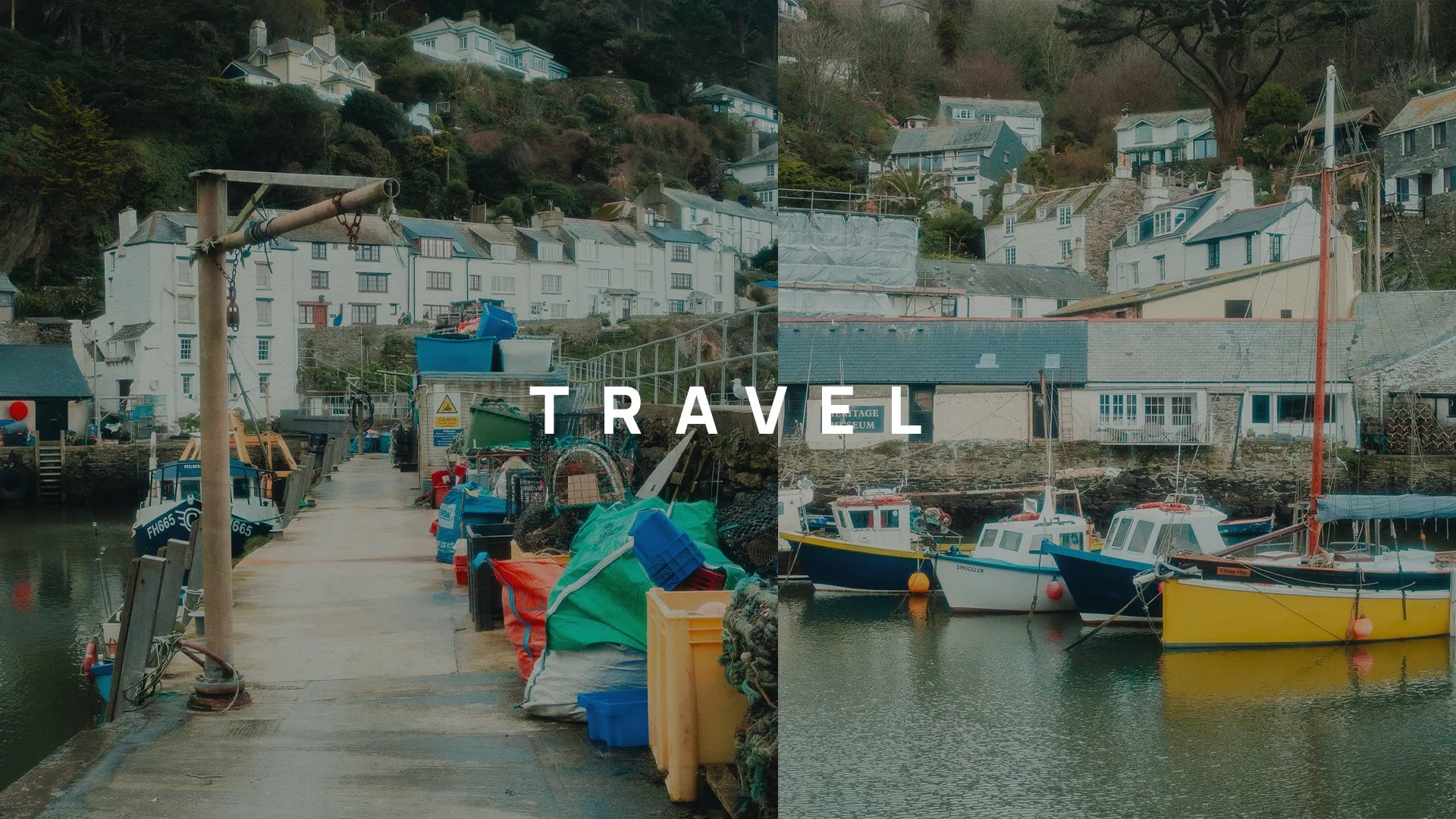 Split landscape of a seaside harbor with boats docked and a hillside with houses in the background, overlaid with the word "TRAVEL".