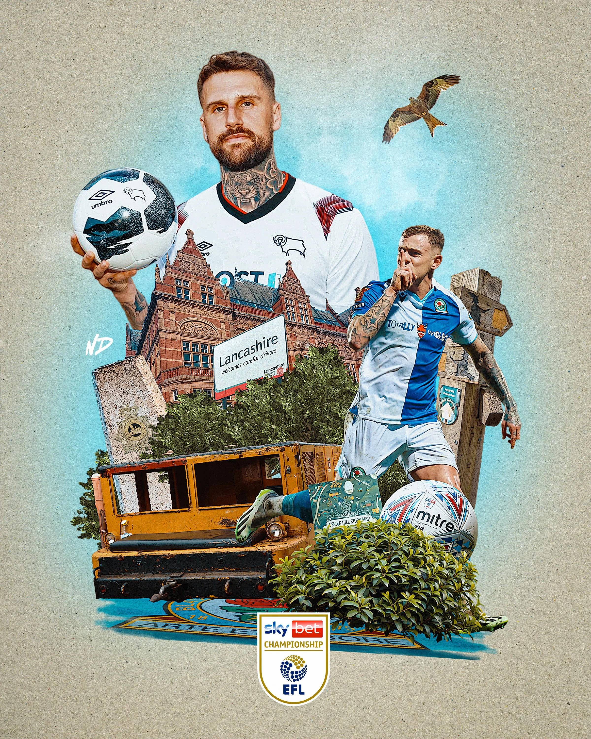 Collage featuring two soccer players, one holding a soccer ball and the other celebrating. Background includes a building, a sign that reads 'Lancashire welcomes careful drivers,' a yellow sawmill, signs, and an eagle flying. Skye Bet Championship EF