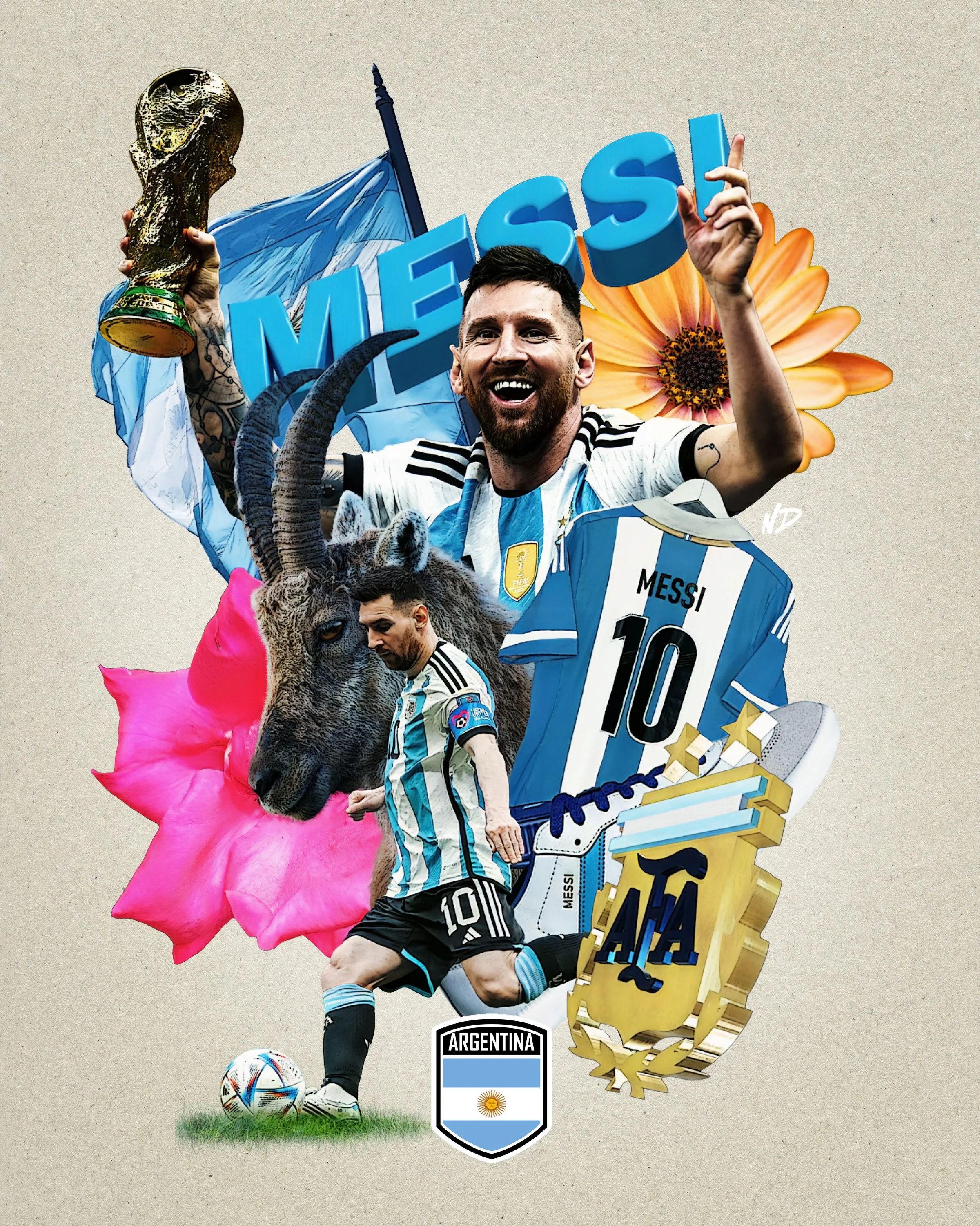 Collage of Lionel Messi celebrating after scoring a goal, holding a FIFA World Cup trophy, wearing the Argentina soccer jersey with number 10, surrounded by a goat representing the Argentina football emblem, a football, a large flower, and other Arge