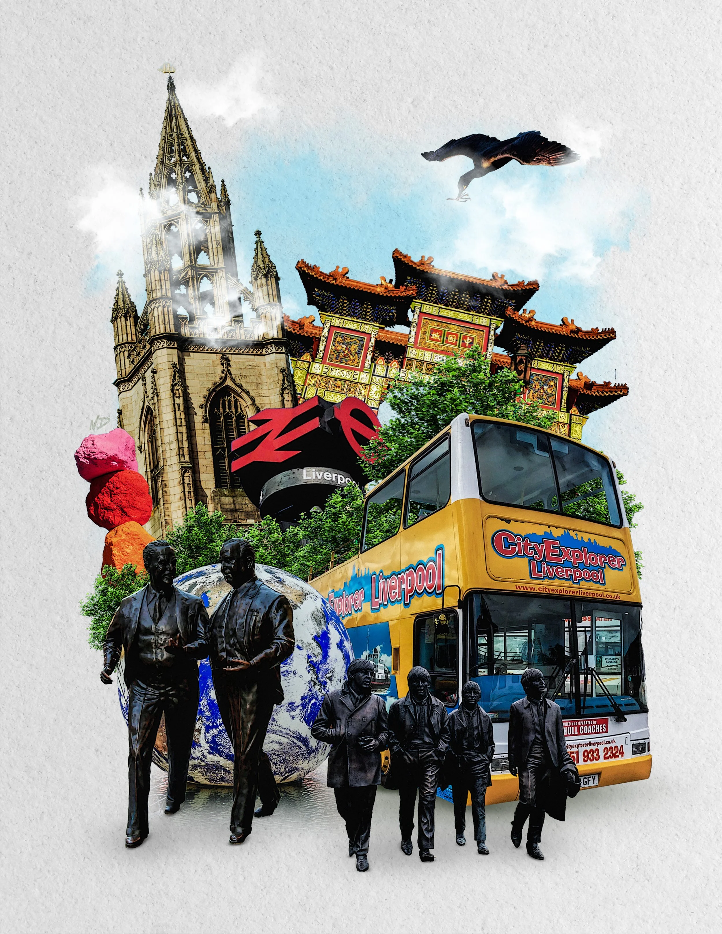 A collage of landmarks and scenes representing Liverpool, including a double-decker tour bus, statues of men, the Royal Liver Building, Chinese pagoda, a Viking ship, a floating globe, and a bird flying in the sky.